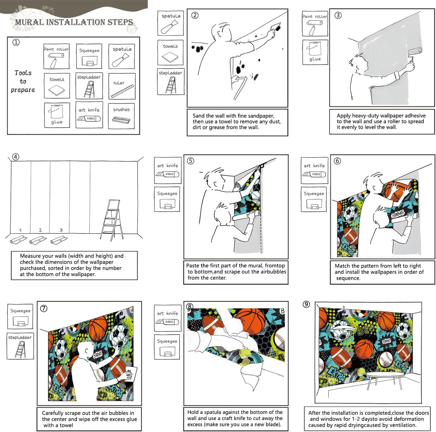 AFZEVEB-Colorful Graffiti Wallpaper Hand-Painted Ball Wall murals for Kids Room 136"x96"(Not Peel and Stick)