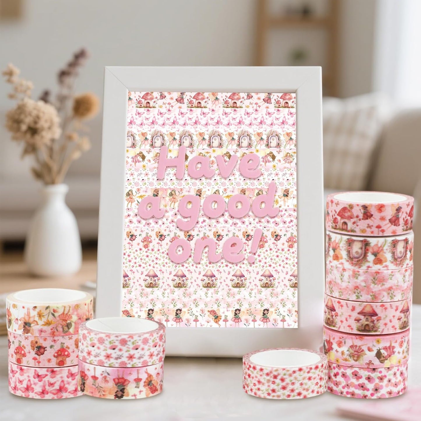 12 Rolls Fairy Washi Tape Set, Fairy Mushroom Butterfly Floral Decorative Tape, Pink Watercolor Masking Tapes for Scrapbooking Journaling Party Supplies, DIY Art Crafts, Gift Wrapping 16.4FT