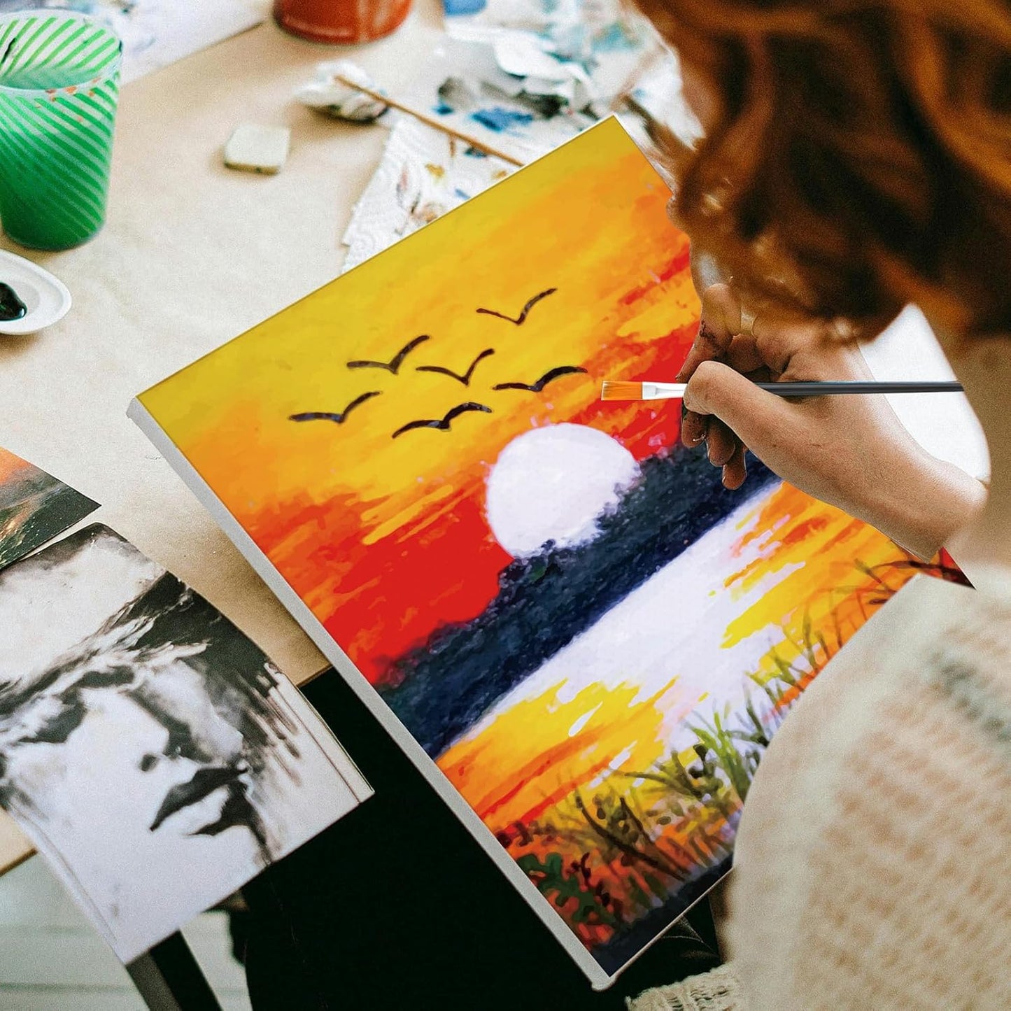 Cholemy 36 Pcs Paint and Sip Kit for Adults 8''x10'' Pre Drawn Canvas for Painting DIY Afro Acrylic Painting Kit Wood Easel Brushes Date Night Bulk for Christmas Party Gifts(Mountain)