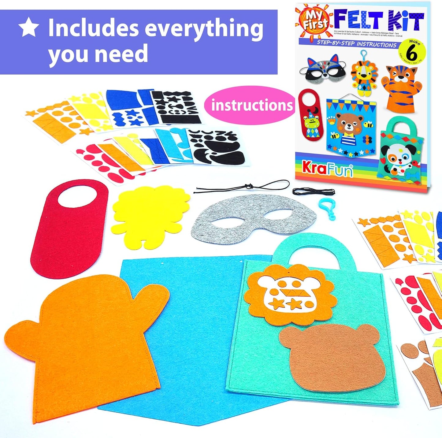 KRAFUN My First Felt Kit Animal Craft Kit for Kids and Toddlers, Boys and Girls Age 3-8 Years Old, Include 6 DIY Handmade Arts and Crafts Projects, Activities Supplies Box Preschool Creative Toys