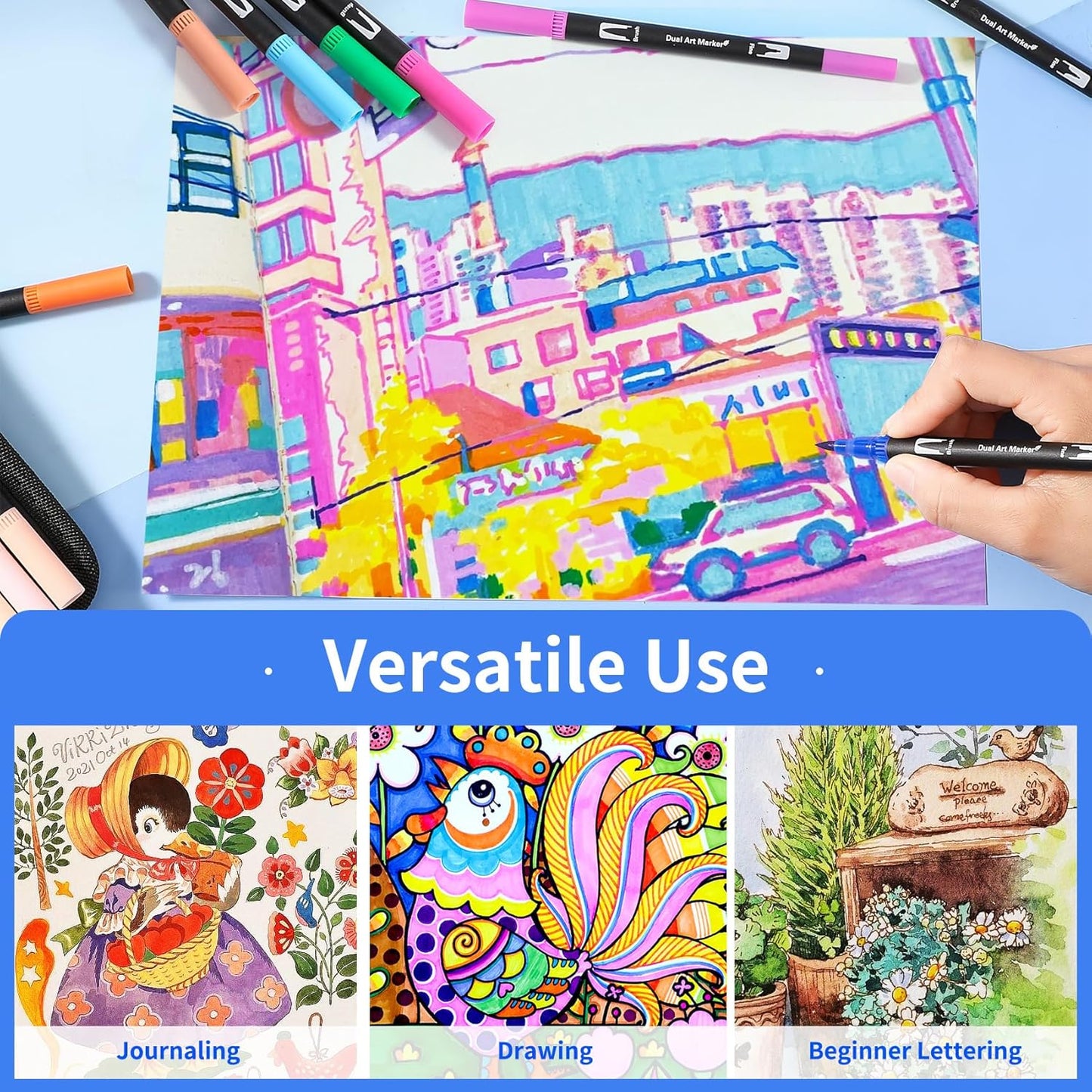 Dual Tip Markers, Double Brush Art Markers Set with Fine Tip and Brush Tip for Adult Coloring Book, Hand Lettering, Calligraphy & Drawing, Art Supplies Kit for Kids and Adults (168 Colors)