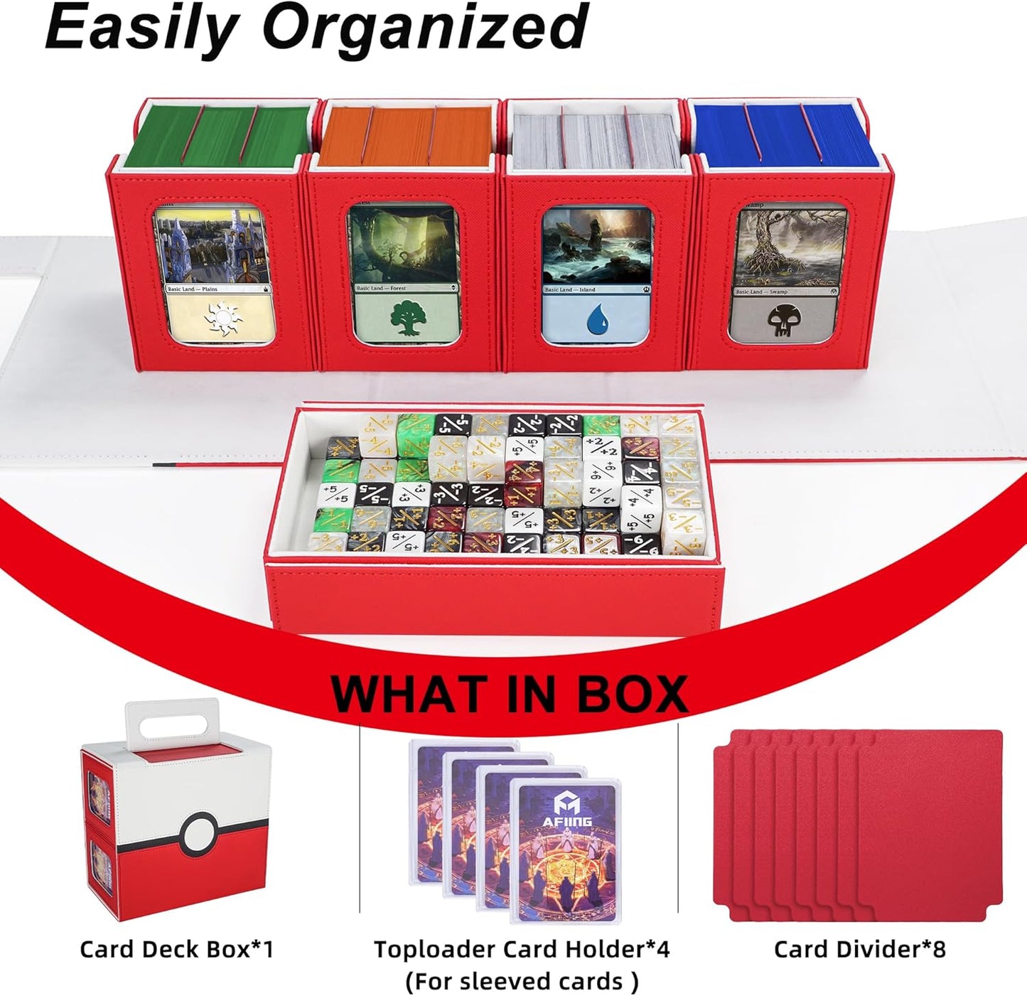 AFIING Commander Deck Box for MTG/EDH, Fits 400+ Double-Sleeved Cards, with Display Window, 4 Removable Deck Cases, Dividers, Dice Tray & Handle, Card Holders for TCG (White Red)