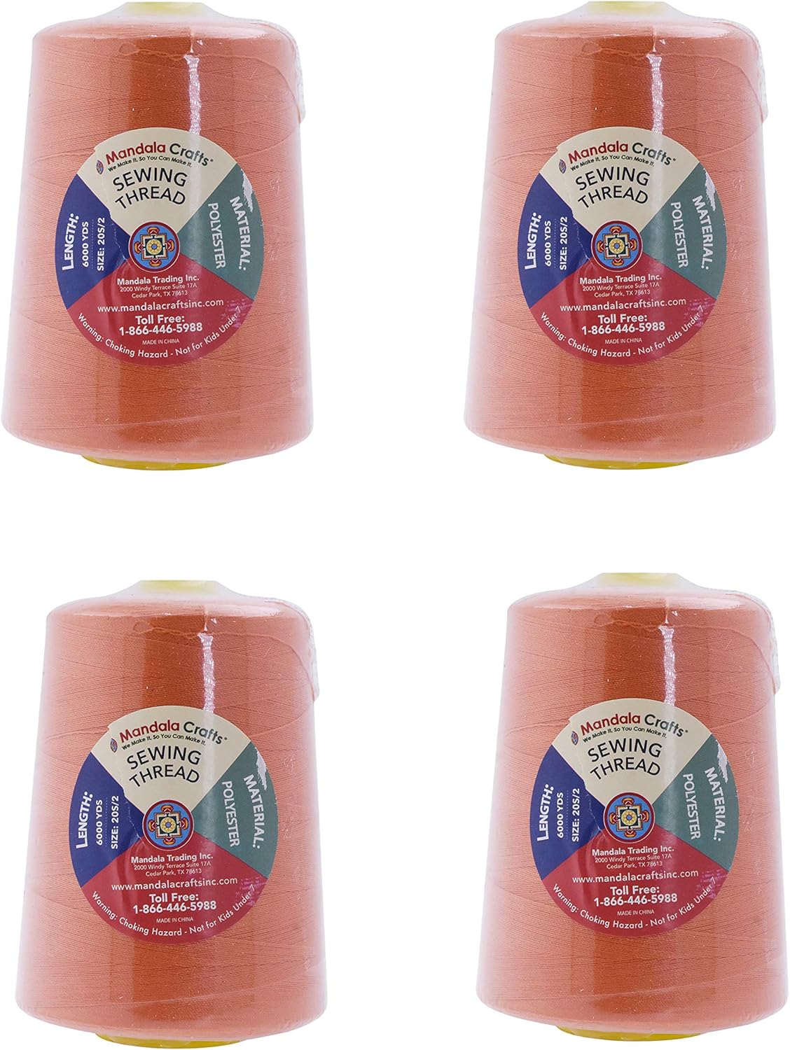 Mandala Crafts 4 Pack of Serger Threads Cones Spools - 20S/2 24000 Yards Polyester Orange Threads for Sergers Machine and Overlock Quilting Sewing Machine