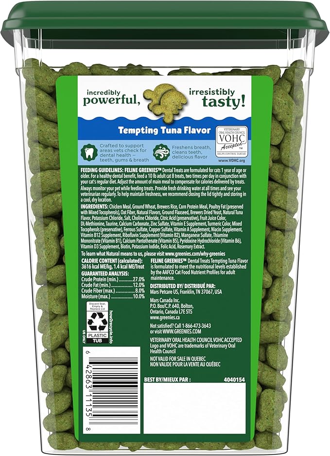 Greenies Feline Veterinarian-Recommended Adult Natural Dental Cat Treats, Tempting Tuna Flavor, 9.75 oz. Tub