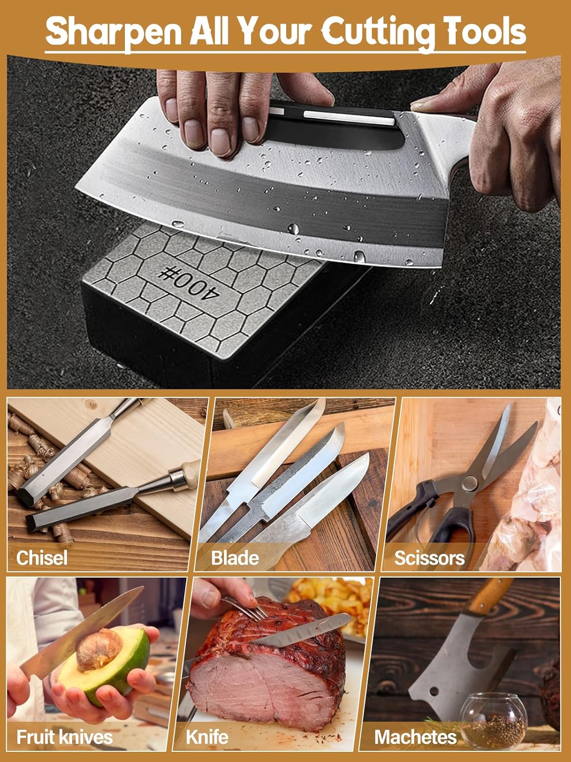 9PCS Diamond Sharpening Stones, Kalolary Knife Sharpener Stone Grit Diamond Sharpener Plate with Angle Guide Leather Strop Non-slip Base for Kitchen Outdoor Knife (80/200/400/600/1000/1200/1500 Grit)