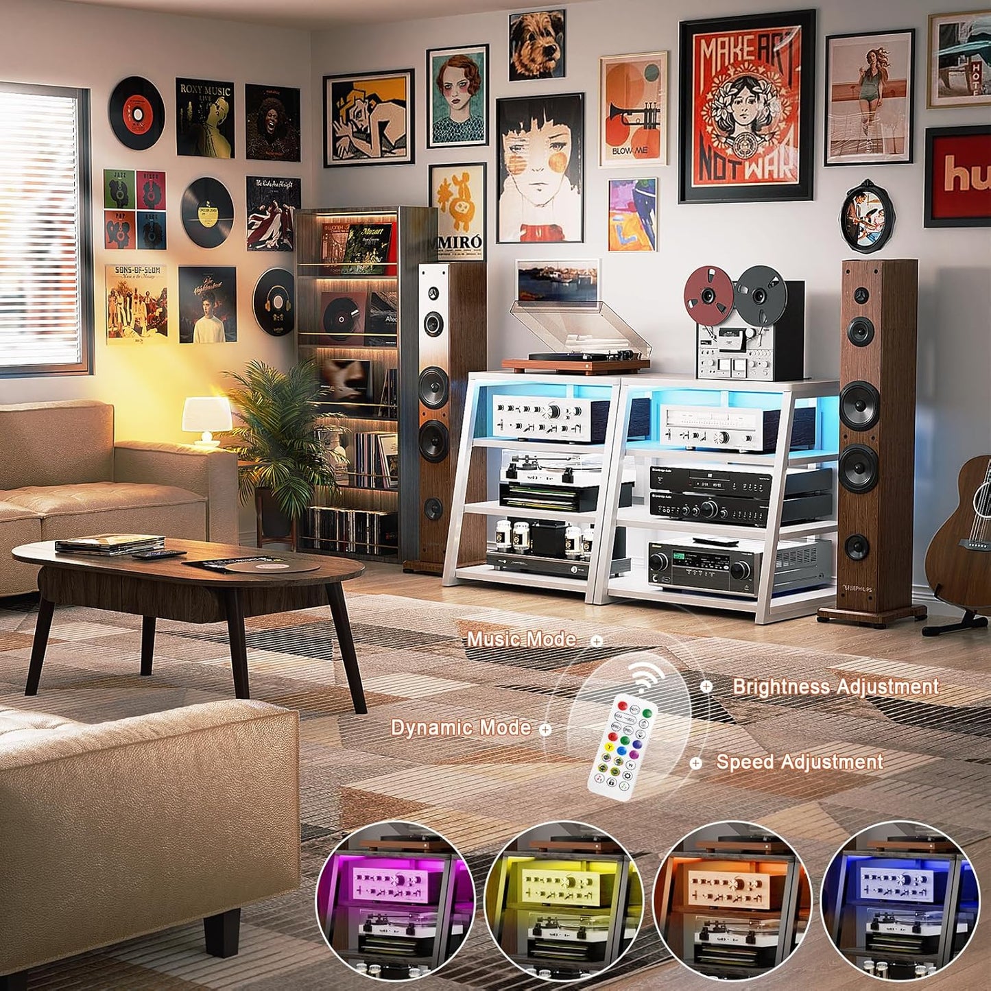 Armocity 4-Tier AV Media Stand with Power Strips, Stereo Stand with LED Lights, Audio Tower Rack with Adjustable Shelves, Small Entertainment Center, 30'', White