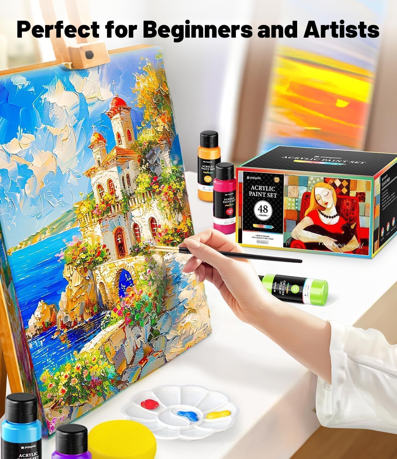 64 PCS Acrylic Paint Set with 12 Brushes, 2 Knives & Palette, 48 Colors (2oz/60ml) Art Craft Paint for Adults Kids Artists Beginners, Halloween Pumpkin Canvas Ceramic Rock Painting Kit