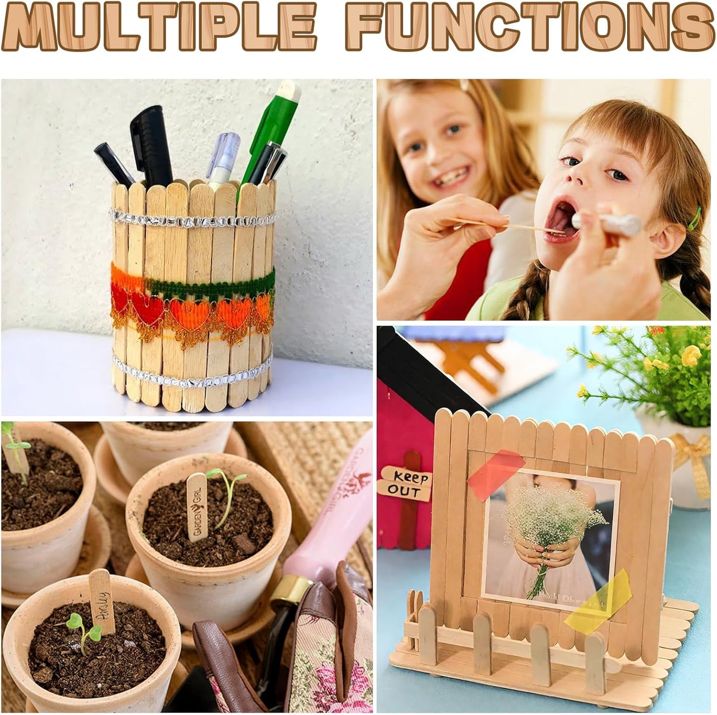 300PCS Wooden Sticks for Craft, 3 Sizes (2.5",4.5",6") Natural Wood Sticks Popsicle for Ice Cream Waxing Hair Removal and Wax Supplies Stir Classroom Art DIY Paint Craft Project Tongue Depressors