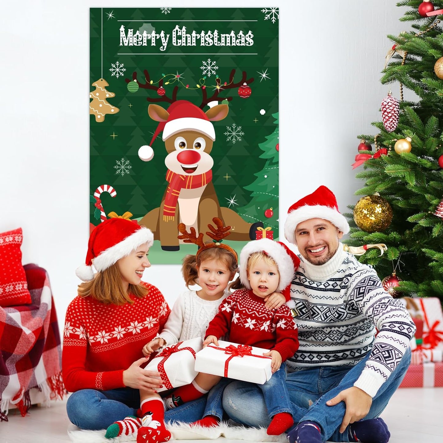 ASTARON Christmas Party Games for Kids, Pin The Hat on Reindeer with 36 Stickers 2 Blindfolds Christmas Holiday Party Decorations School Classroom Activities