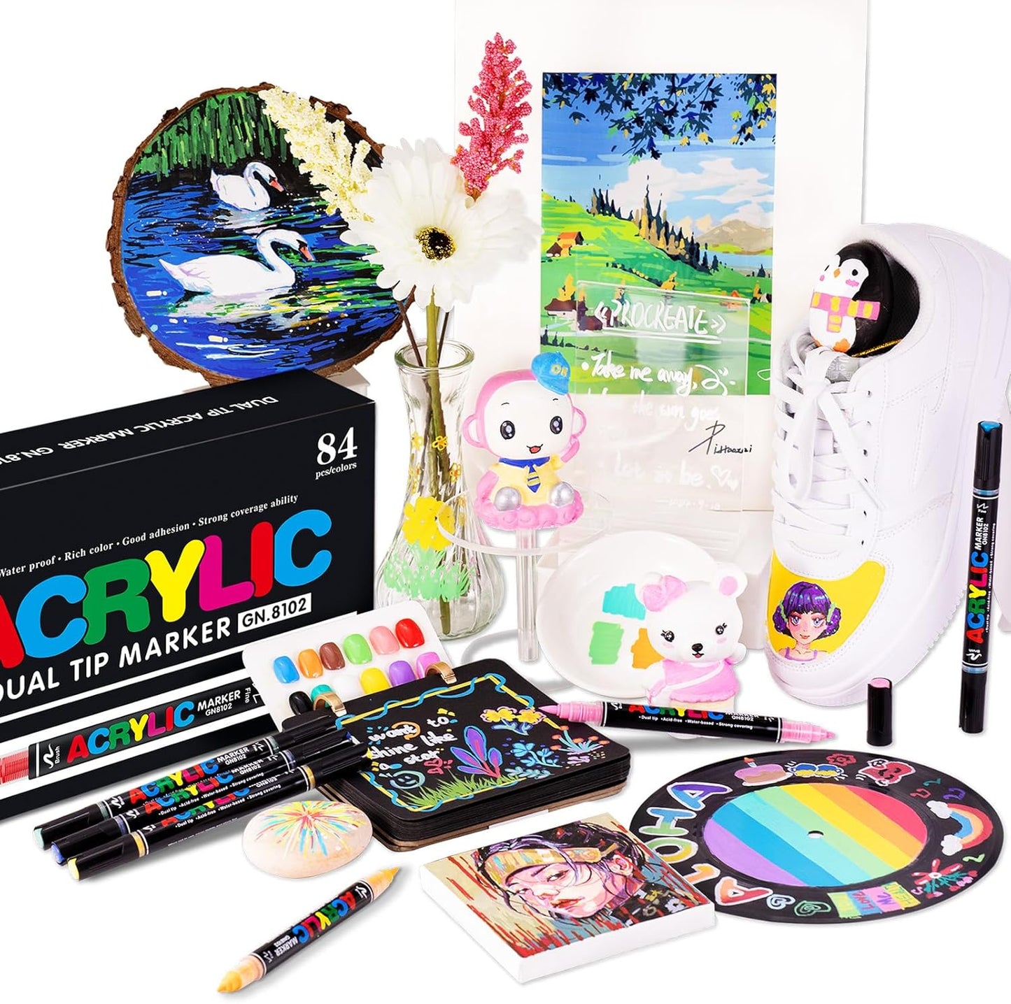 Guangna 120 Colors Acrylic Paint Markers, Dual Tip Paint Markers Pens Set with Soft Brush Tip, Multifunctional Fine Tip Markers for Wood,Canvas, Rock Painting,Glass,Diy Crafts Art Supplies, Waterproof