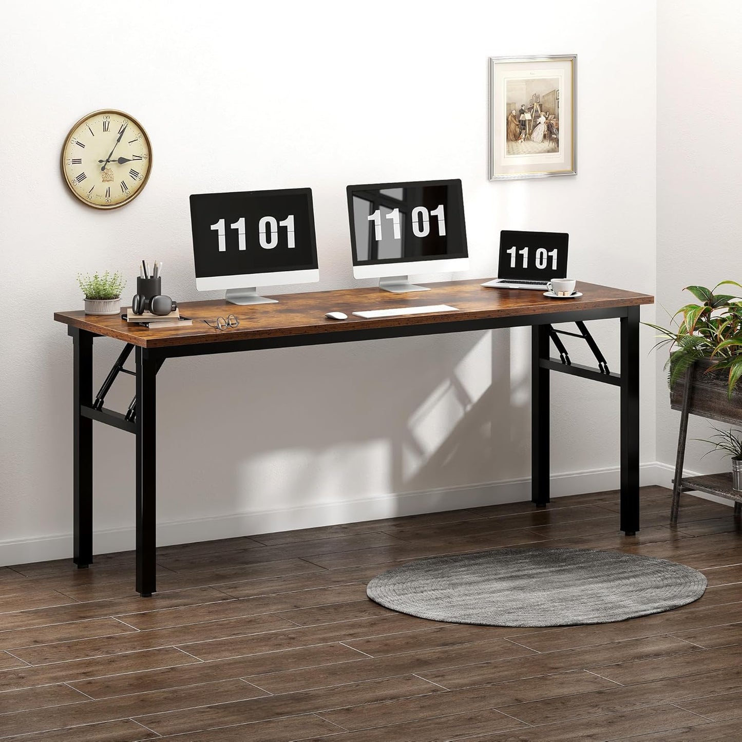 Need Large Computer Desk, 62 inches Long Office Desk, No Install Needed Folding Table Writing Table Workstation for Small Space, Rustic Brown