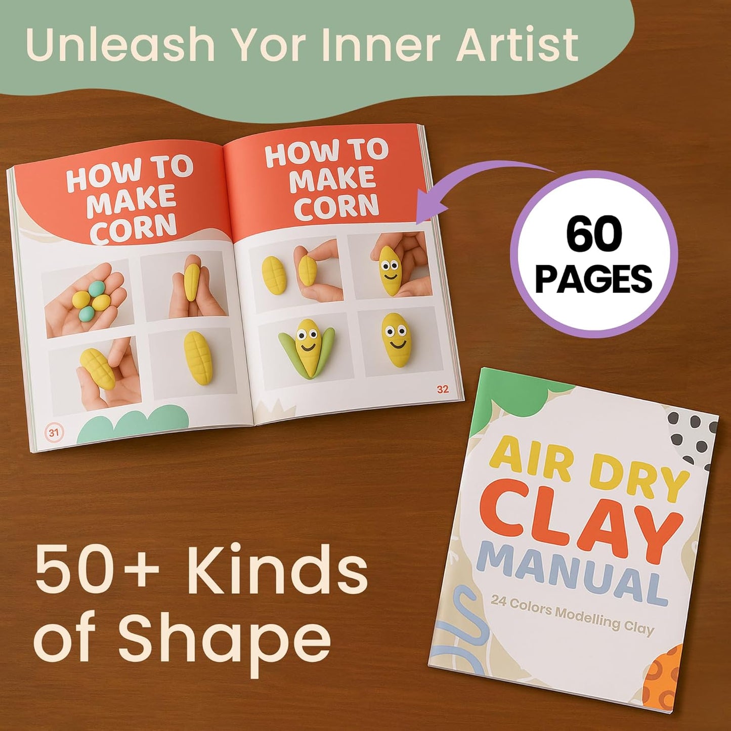 Air Dry Clay Kit – 24 Colors Soft Lightweight Air Clay for Kids & Adults, DIY Molding Clay with 8 Sculpting Tools & 60 Page Tutorial Booklet – Non Toxic Airdry Clay, Modeling Clay Air Dry for Crafts