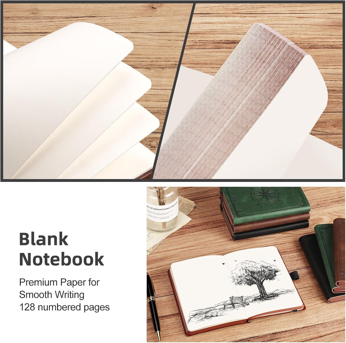 AHGXG Small Blank Pocket Journal Notebook for Men - 256 Numbered Pages B6 Mini Journal, Vintage Soft Leather Hardcover, 80gsm Paper, for Women Work Office School, 4.1'' X 5.7''- Black