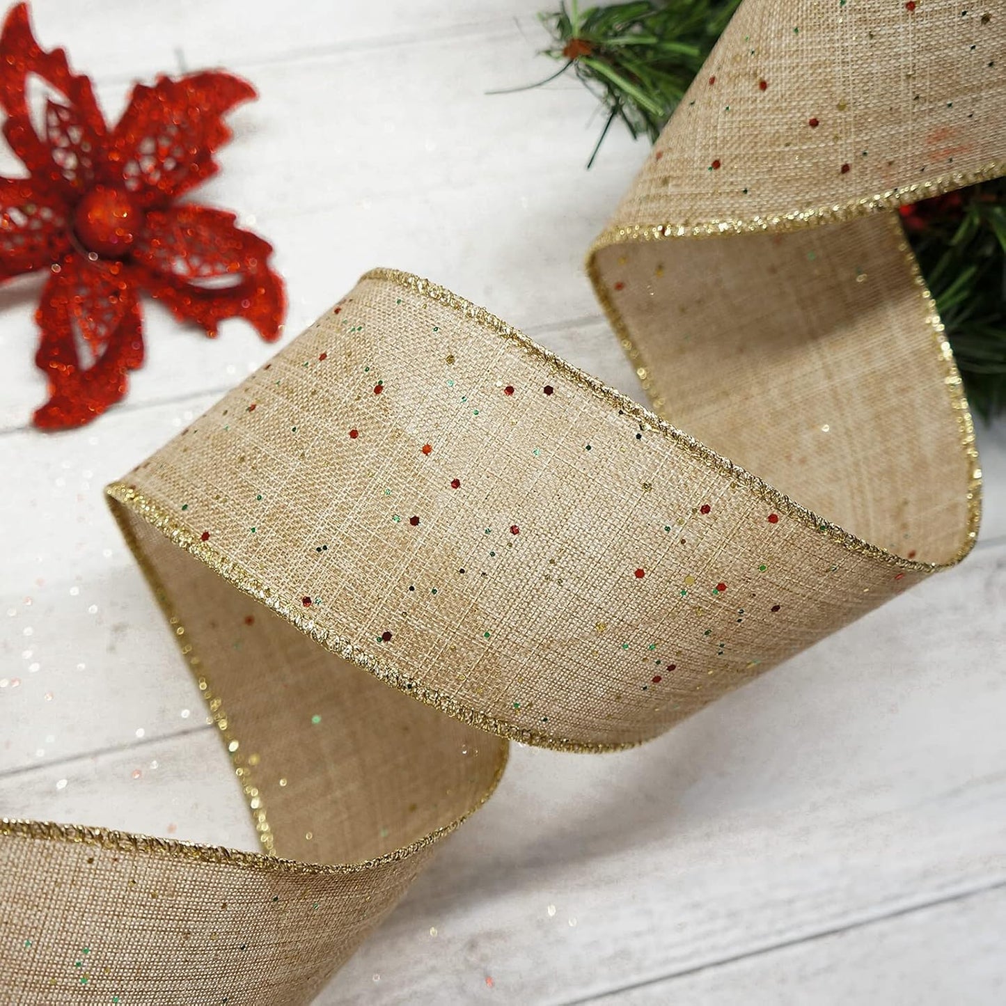 CT CRAFT LLC Tan Burlap Fabric Confetti Glitter Wired Ribbon 2.5" x 10 Yards Natural Color for Christmas Home Wedding Decor Gift Wrapping Tree Topper Bow Wreath Bouquet DIY Crafts