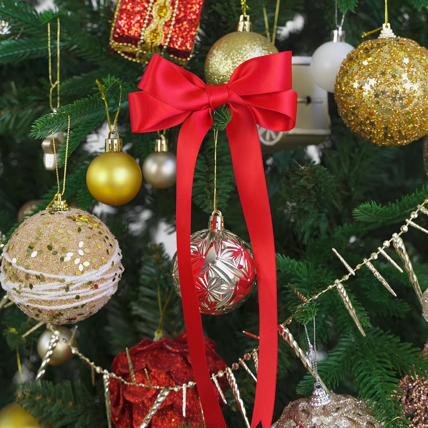 HUIHUANG Red Satin Ribbon - 1 inch x 50 Yards Double-Faced Polyester Silk for Gift Wrapping, Wedding Invitations, Hair Bows, Christmas Decor, Floral Arrangement