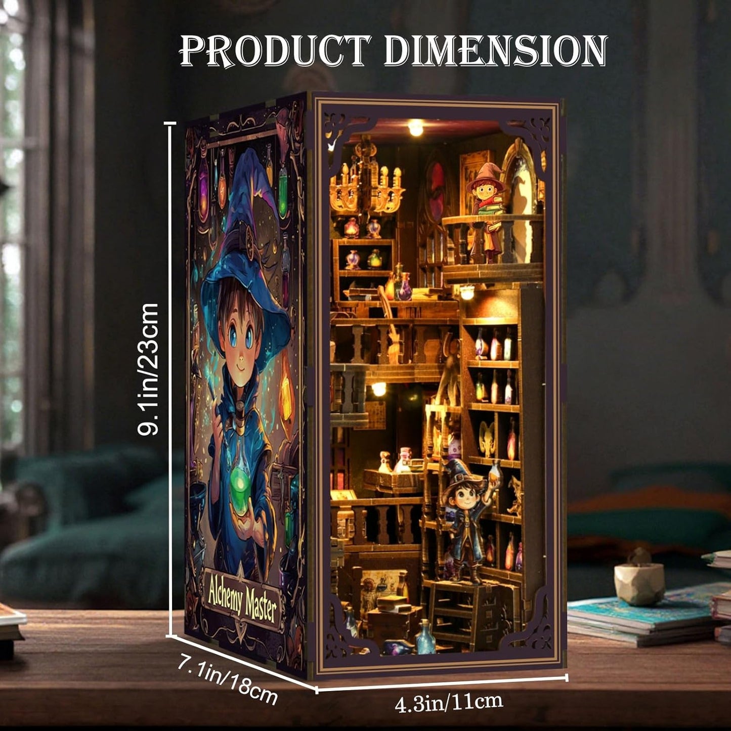 Book Nook Kit for Adults, DIY Miniature House Kit 3D Printed Booknook Wooden Puzzle Dollhouse Bookshelf Insert Decor DIY Craft Gift Model Build with LED Light for Book Lovers - Alchemy Master