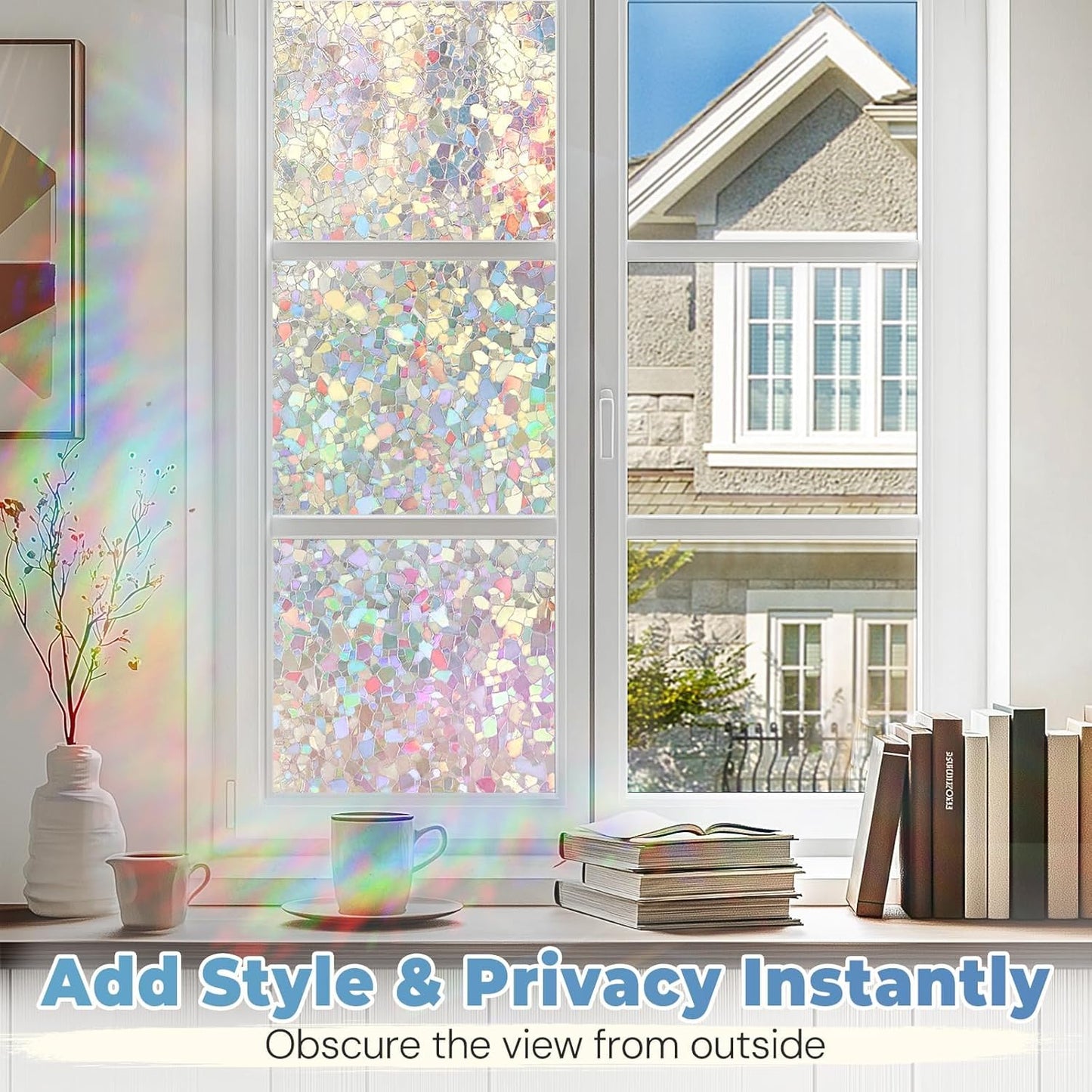 DOWELL Window Privacy Film Rainbow Film, Stained Glass Decorative Sticker, Static Cling Non-Adhesive Glass Clings, Sun Blocking Heat Control Window Coverings for Home Door, 35.4" x 118.1"