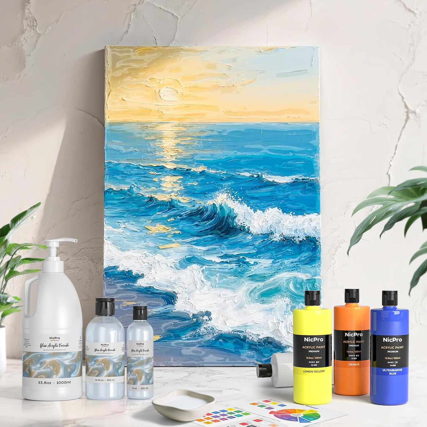 Nicpro Gloss Varnish for Acrylic Painting, 33.8oz Bottle with Pump, Non-Yellowing, Non-Toxic, Anti-Crazing, Clear Acrylic Varnish for Artist, Hobby Painter on Canvas Artwork, Wood, High Gloss Finish