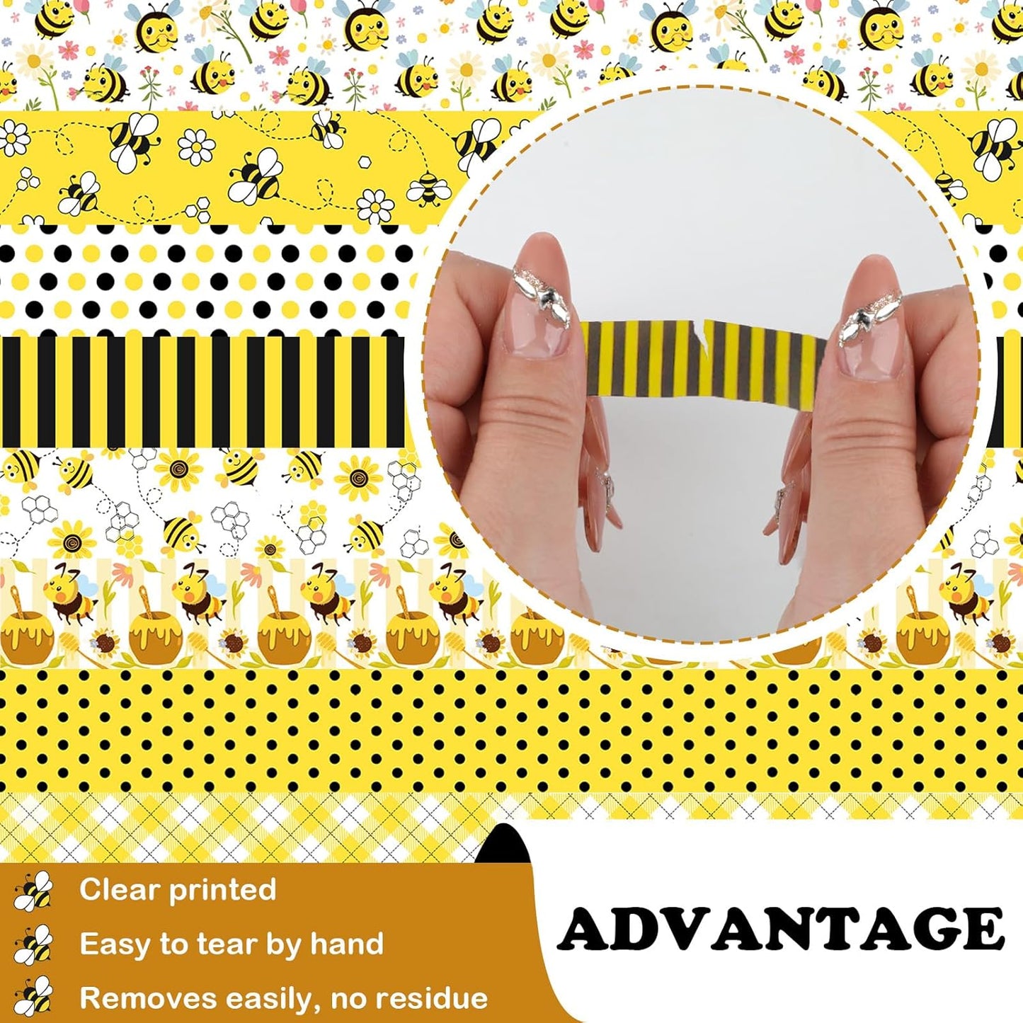 12 Rolls Bee Washi Tape Set, Bumblebee Daisy Masking Tapes, Yellow Black Plaid Polka Dot Decorative Washi Tape for Spring Summer Scrapbook Journal DIY Art Craft Gift Wrapping, 16.4FT