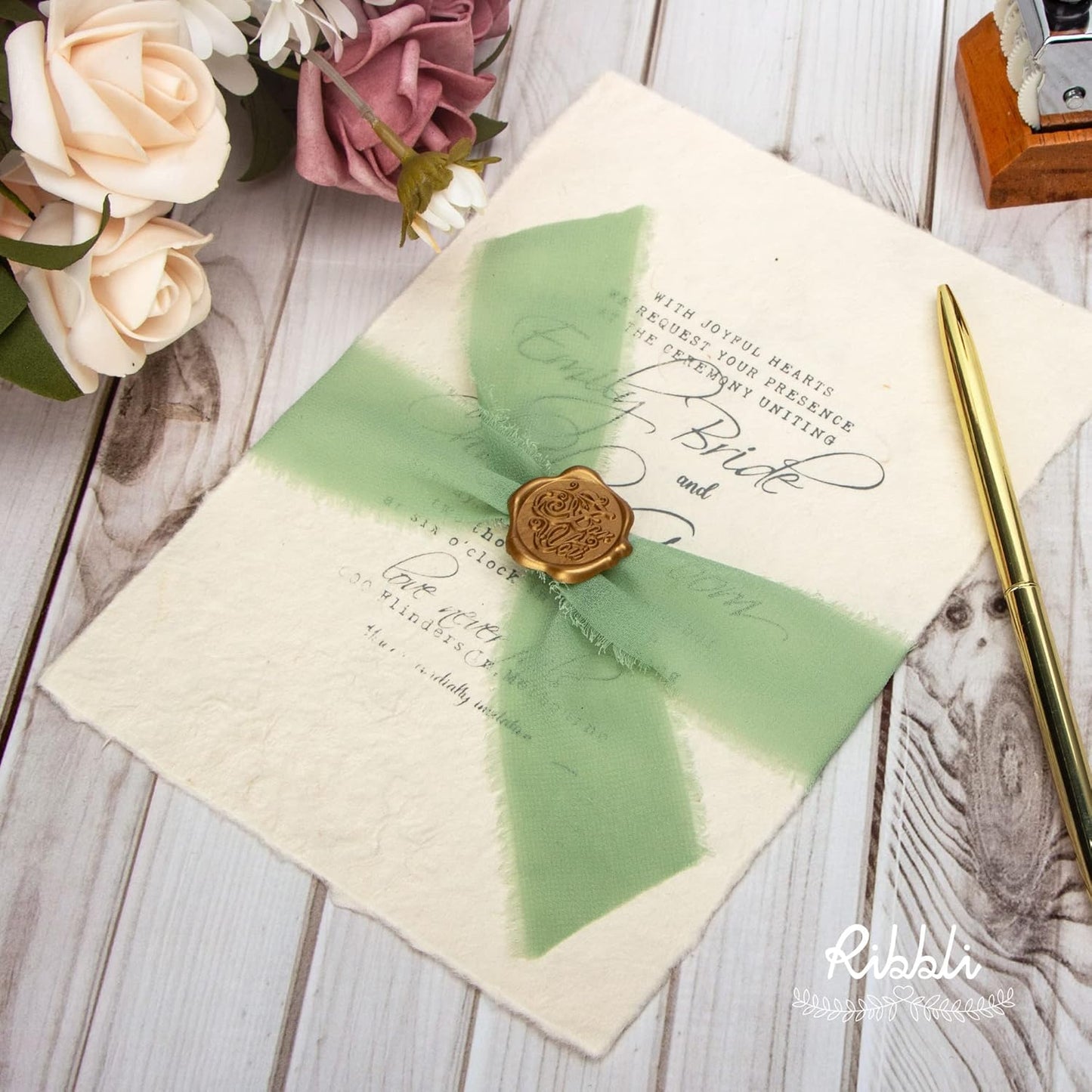 Ribbli Sage Green Chiffon Ribbon - 1-1/2 inch x 20 Yard, Handmade Fringe Chiffon Ribbon for Gift Wrapping, Wedding Invitations, Bridal Bouquets, Flower Arrangement Decoration