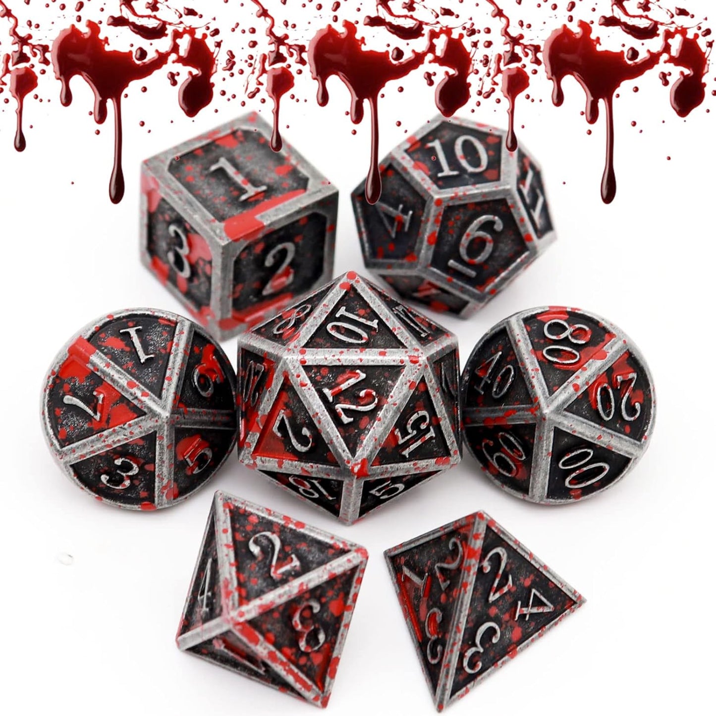 Haxtec Bloodstained Metal DND Dice Set Blood Polyhedral D&D Dice Compatible with Dungeons and Dragons Gift TTRPG Antique Metal Halloween Dice
