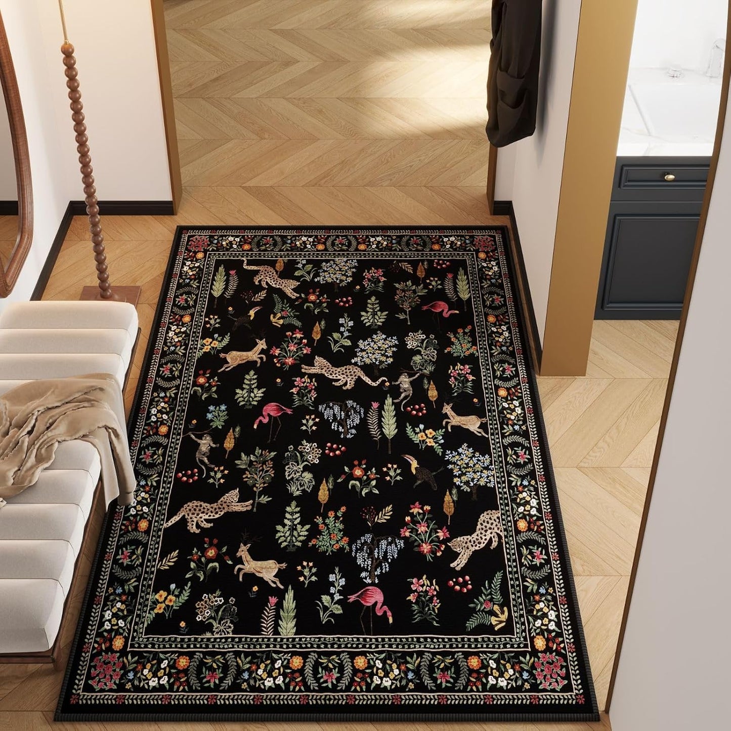 Rugcomf Area Rug 4x6 Rug Washable Boho Rugs Non Slip Low Pile Floral Animal Small Carpet for Bedroom, Bedside, Kids Room, Office, Dining Room (Black)