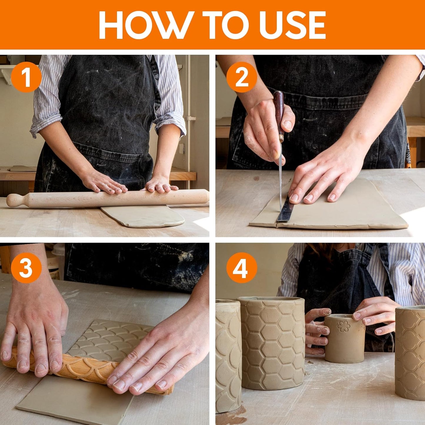 Byllstore Extra Large Clay Texture Rollers with Pottery Stamps | 3 Texture Rollers | 6 Clay Stamps | 3-Pack (9" x 1.2", 3 Pack)