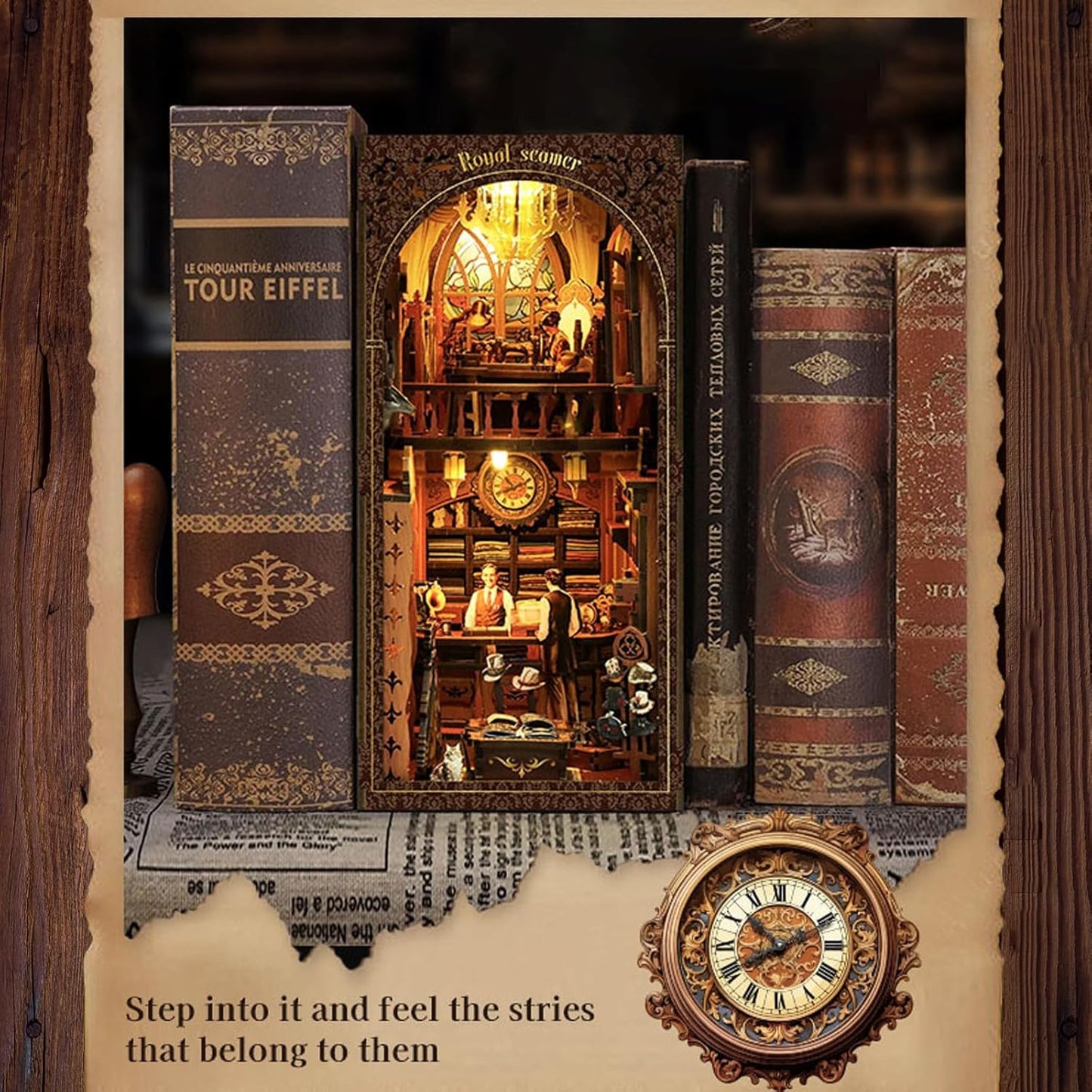 Book Nook Kit for Adults with Dust Cover & LED Light, DIY Miniature House Kit 3D Printed Booknook Wooden Puzzle Dollhouse Bookshelf Insert DIY Craft Model Build Gift for Birthdays, Royal Seamer