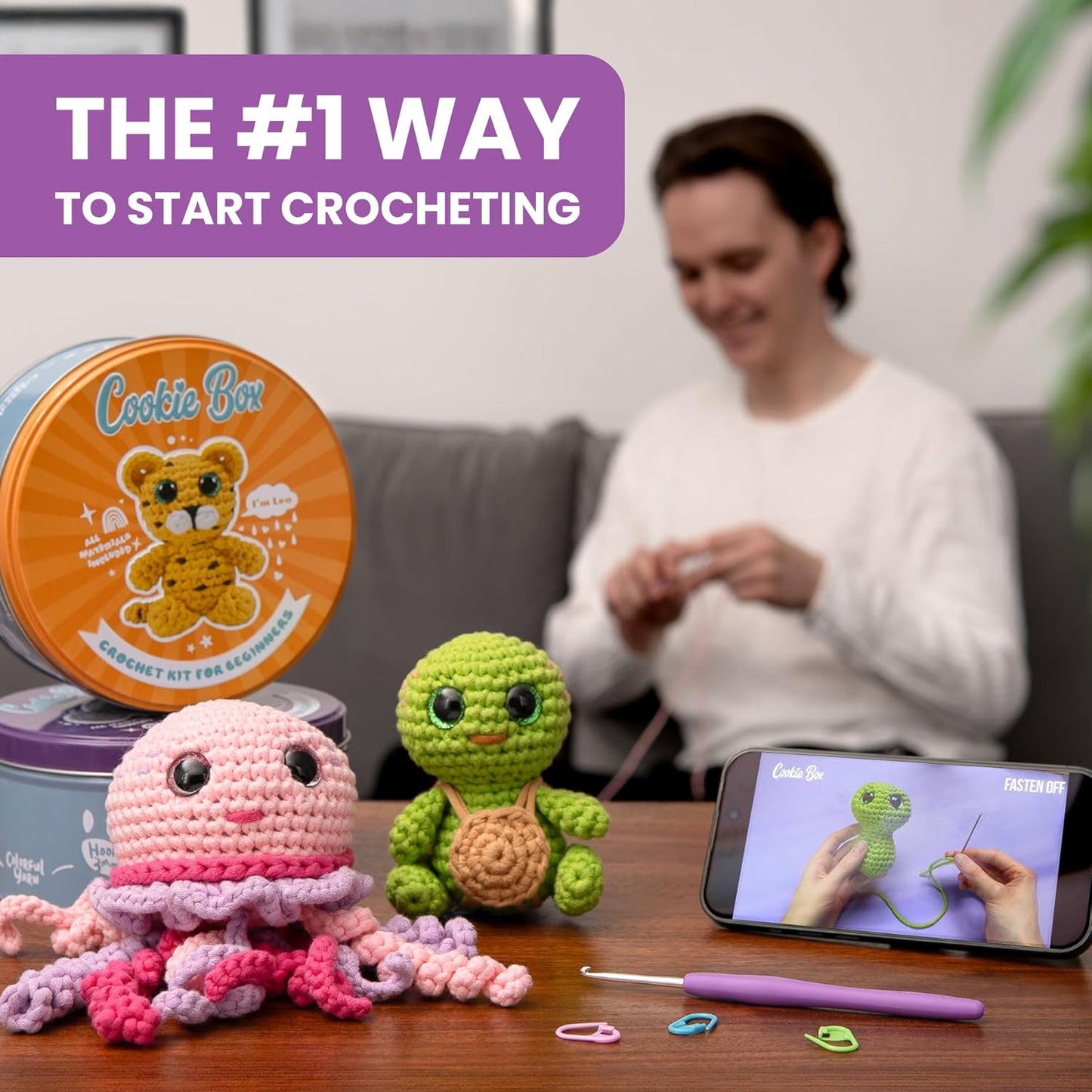 Cookie Box Crochet Kit for Beginners β Gift Set to Make Koala Coal Amigurumi Plushie β Easy DIY Crochet & Knitting Starter Kit with Video and PDF Tutorials