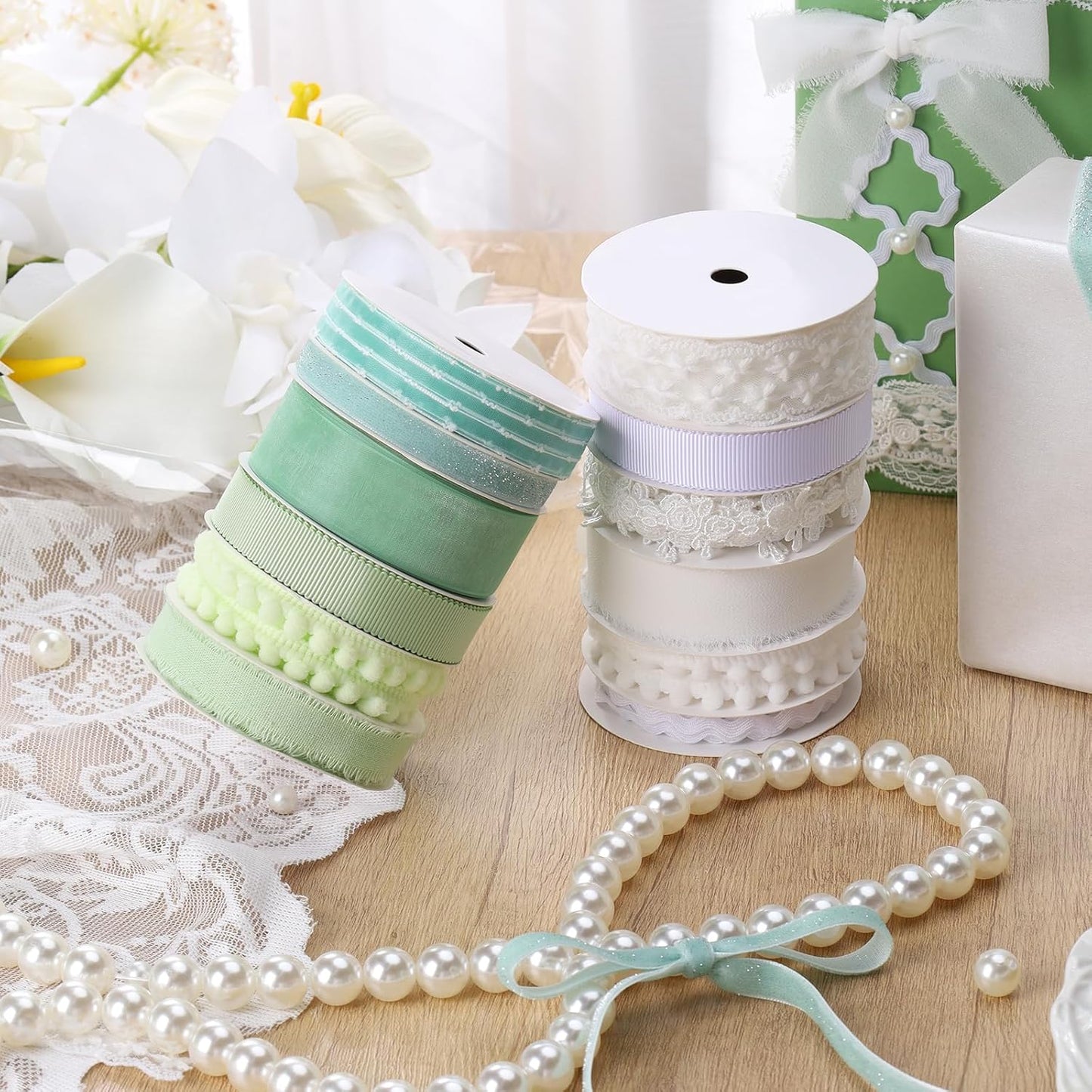 LaRibbons Green Ribbons for Crafts 6 Rolls Assorted Mint Green Ribbons for Gift Wrapping, DIY Crafts, Sewing, Hair Bows and Party Decorations 27.5 Yards