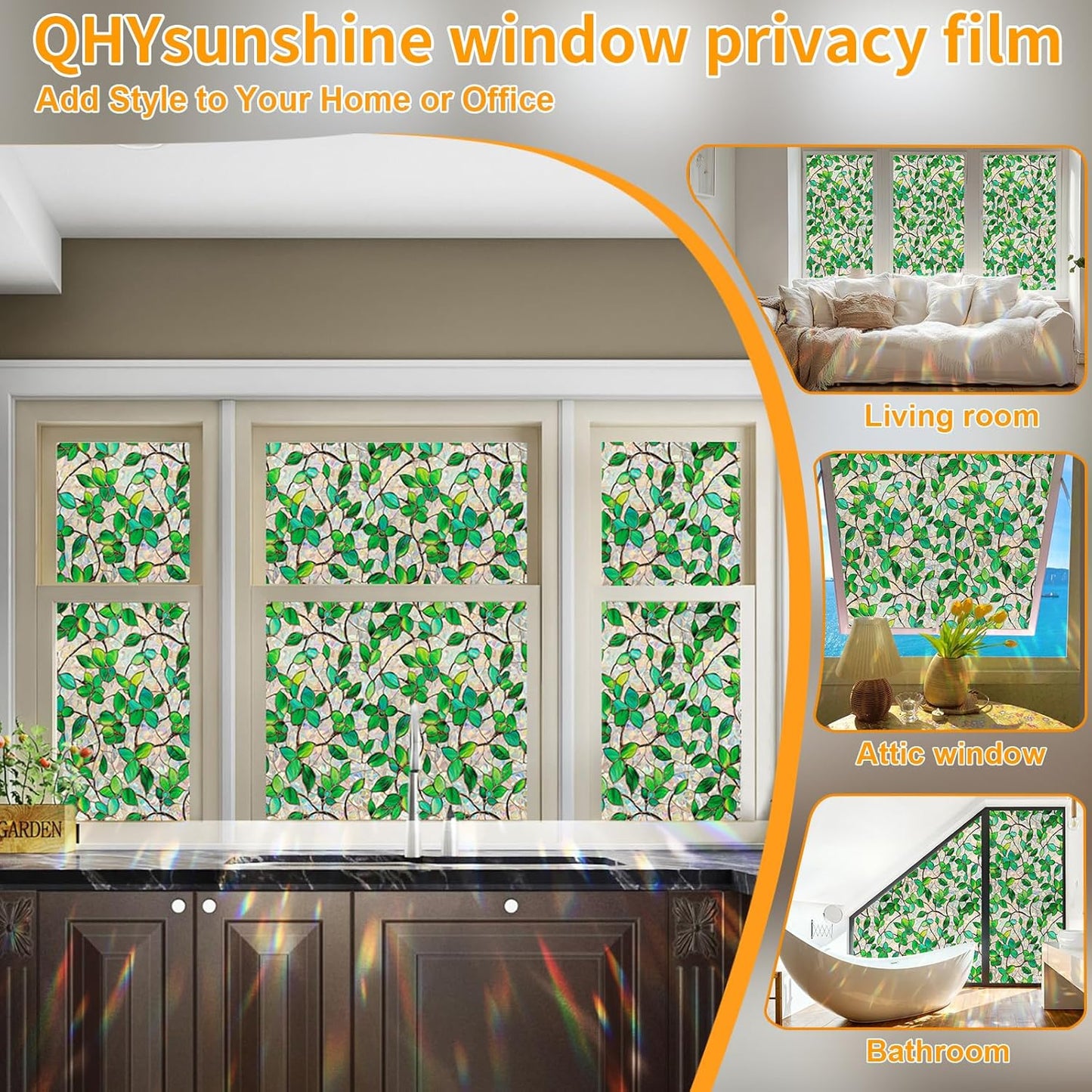 Window Privacy Film Stain Glass Window Film Rainbow Window Film Window clings Non-Adhesive Reusable Decorative for Room (Green Rainbow, 45.2 X 78.7 in)