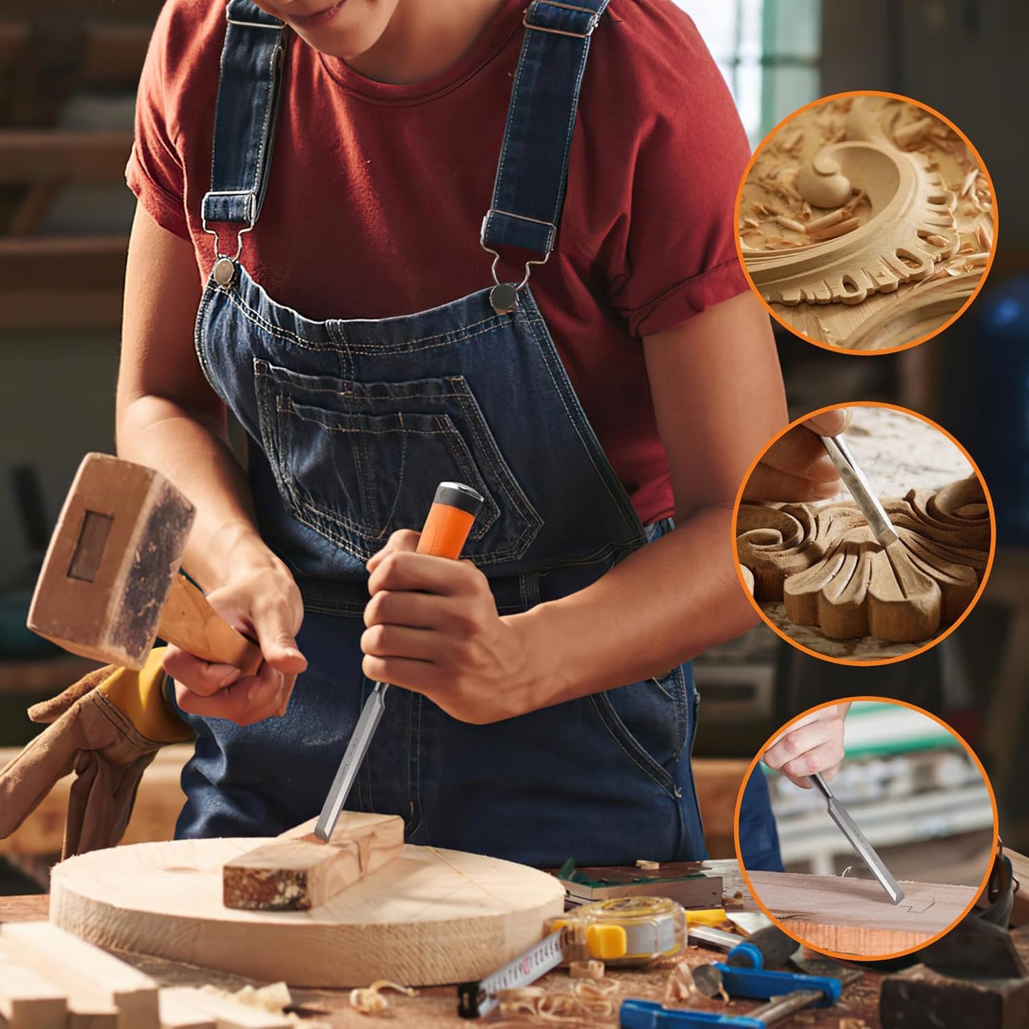 KINGBRO 6 Pcs Wood Chisel Sets, Wood Chisels for Carbon Steel Woodworking with Steel Hammer End, Durable PP+TPR High Impact Handle Wood Chisel, 6/12/19/25/32/38mm