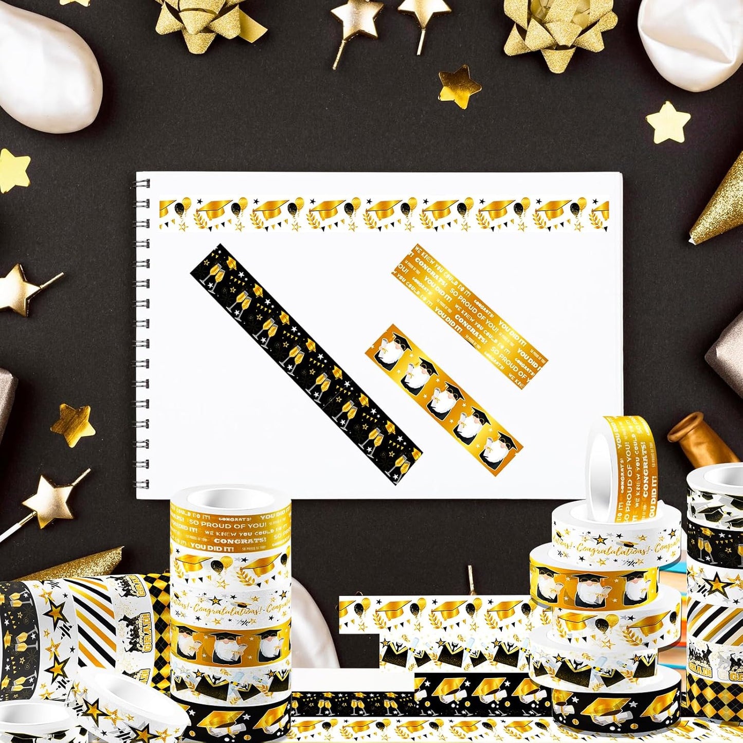 12 Rolls Graduation Washi Tape Set, Gold Foil Congratulations Graduation Masking Tapes, Black Gold Star Grad Cap Decorative Sticker Tape for Graduation Scrapbook DIY Crafts Gift Packaging 16.4FT