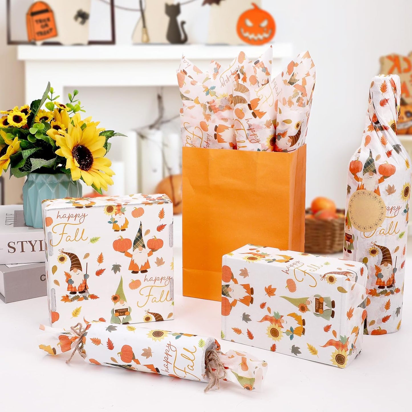 Azurestore 60 Sheets Fall Tissue Paper, Orange Gnomes Patterns Gift Tissue Paper for Gift Bags & Gifts Wrapping, Pumpkin Leaves Print Art Packaging for Autumn Harvest Thanksgiving Party Decor Craft