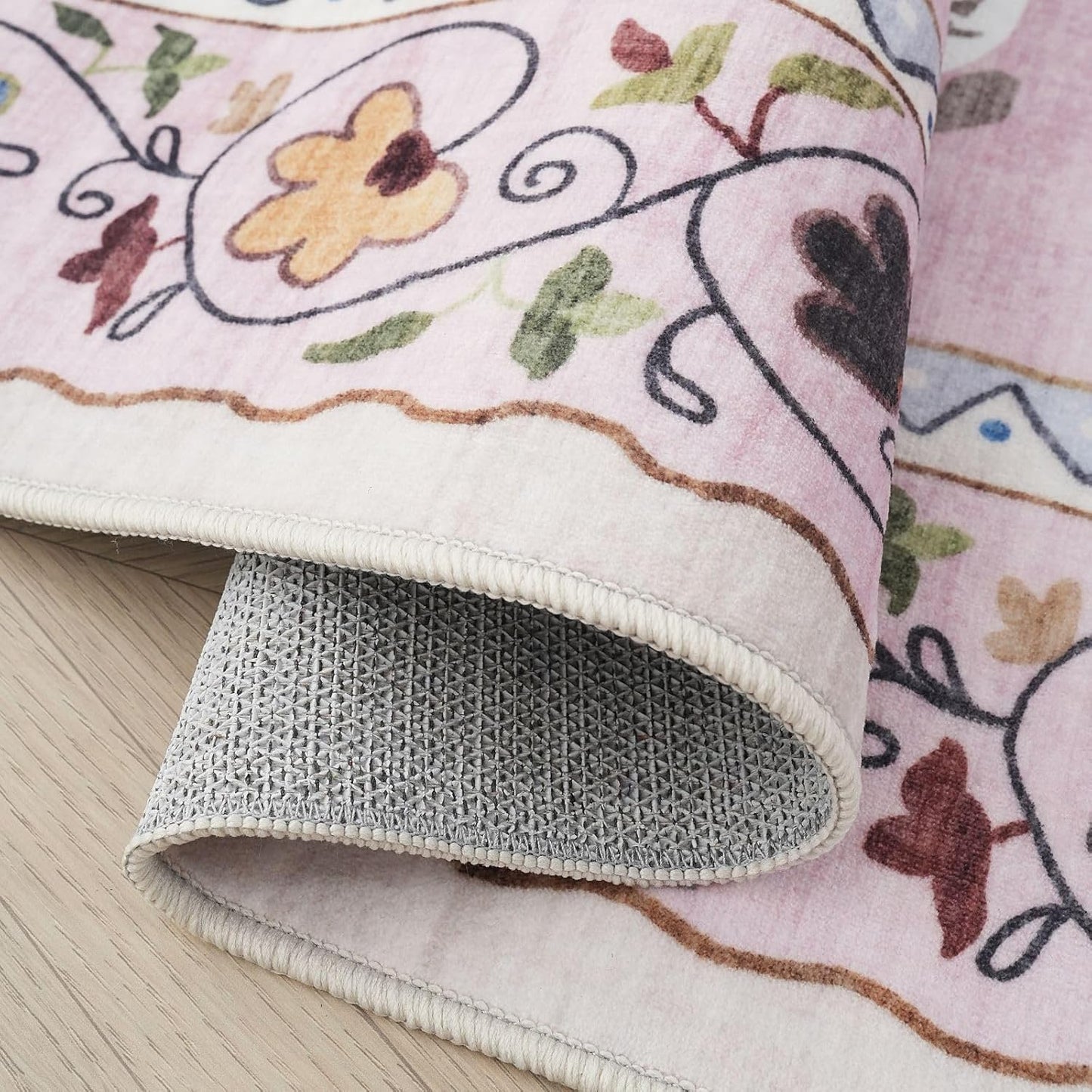 Rugcomf Bedroom Rug 3x5 Rug Washable Area Rug Non Slip Low Pile Boho Floral Animal Cat Small Carpet for Bedroom Bedside Kitchen Entryway Kids Room Office College Dorm Essentials for Girls, Pink