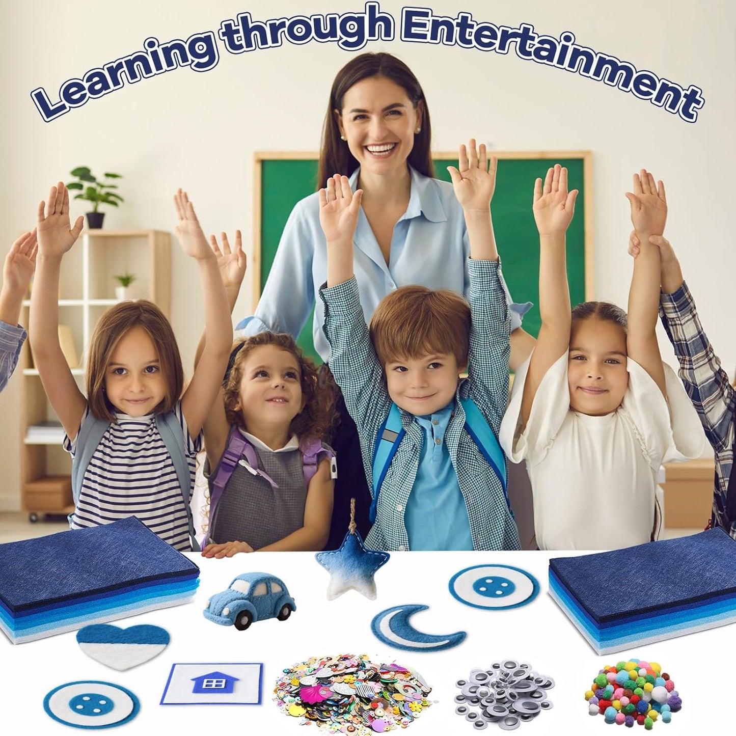 gisgfim 42Pcs Blue Felt Fabric Sheets Craft Kit 8 x 12 Inch Assorted Soft Thick Winter Blue Felt Pack with Wiggle Google Eyes Pom Poms Glitter Patchwork Craft for DlY Sewing Creative Art Project Decor