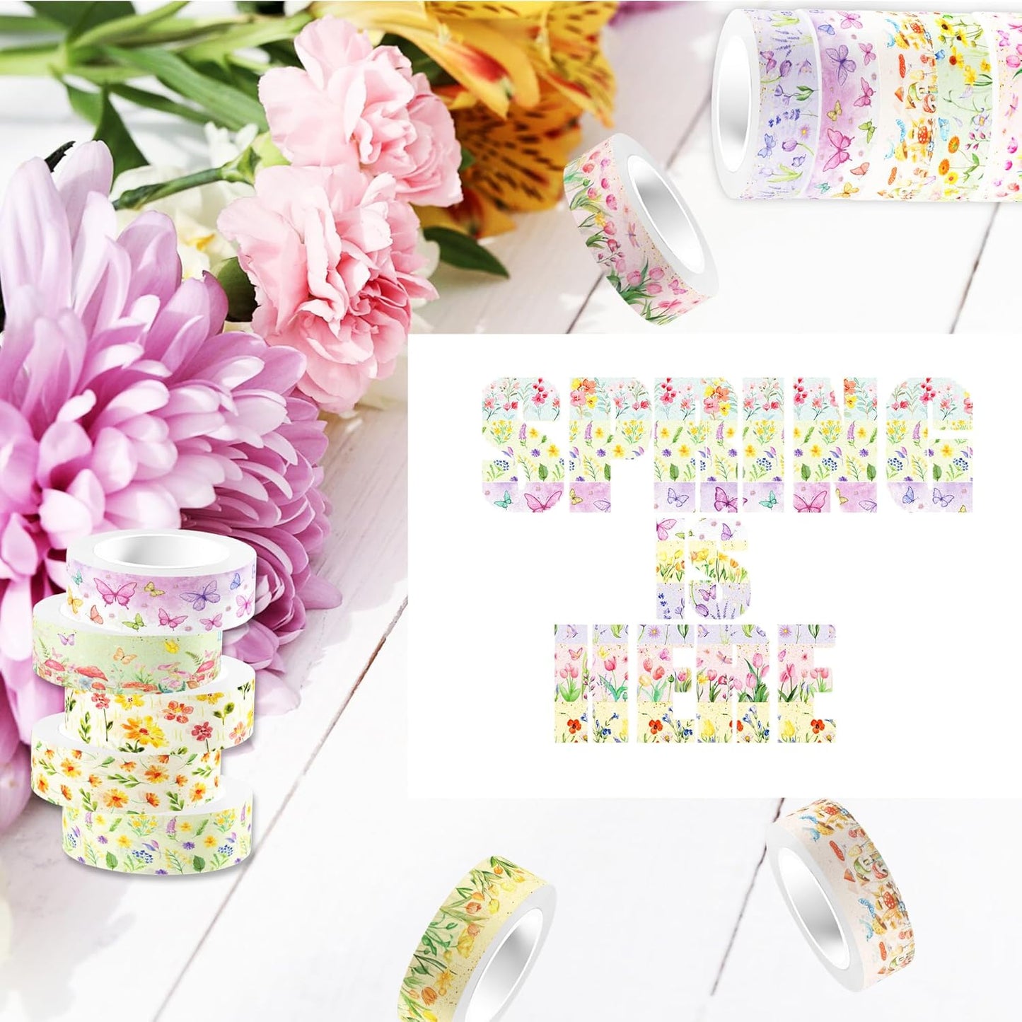 12 Pcs Flowers Washi Tapes Set Flowers Blooms Garden Vintage Flowers Masking Tape Floral Themed Decorative Tape Flowers Printed Decorative for DIY, Planner, Scrapbooking, and Party Decor