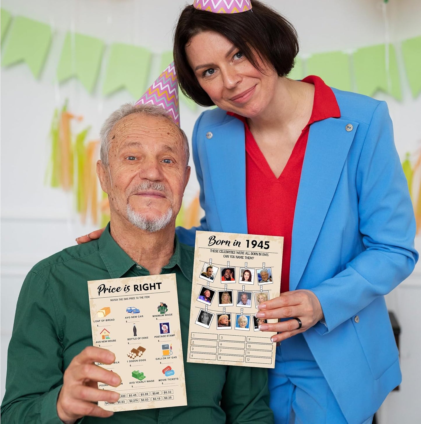 80th Birthday Party Games, Set of 2 Activities for 15 Guests, Born in 1945 Games Bundle, Birthday Party Supplies for Adults, Pack of 30 Cards