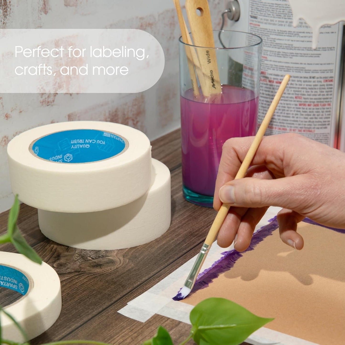 Spartan Industrial - 1" X 60 yd Masking Tape for Labeling, Packing, Art Projects, and More - 12 Craft Tape Rolls, 5.5 Mil