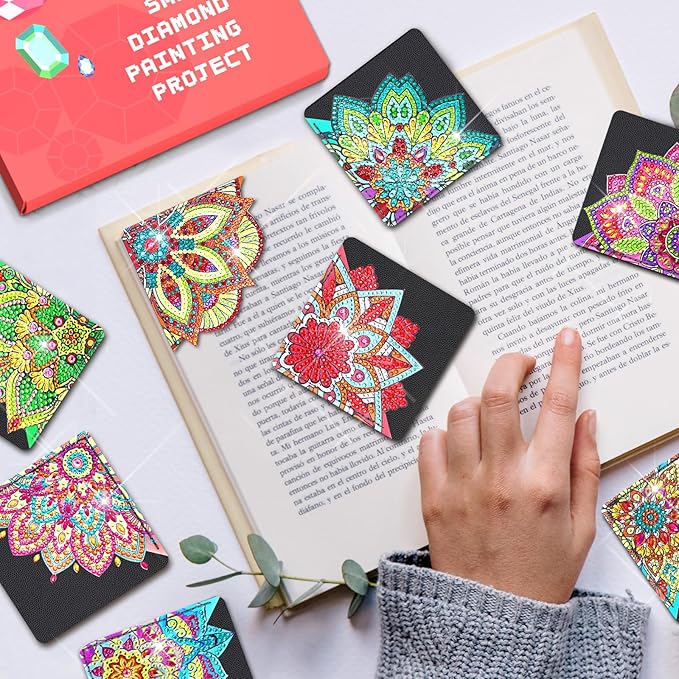 8 PCs Christmas Diamond Art Corner Bookmarks Leather Dimond Painting Book Mark Kit for Adults Paint by Dots Bookmarkers Craft DIY Gem Small Dotz Gifts for Women Mandala Flower Black Lotus