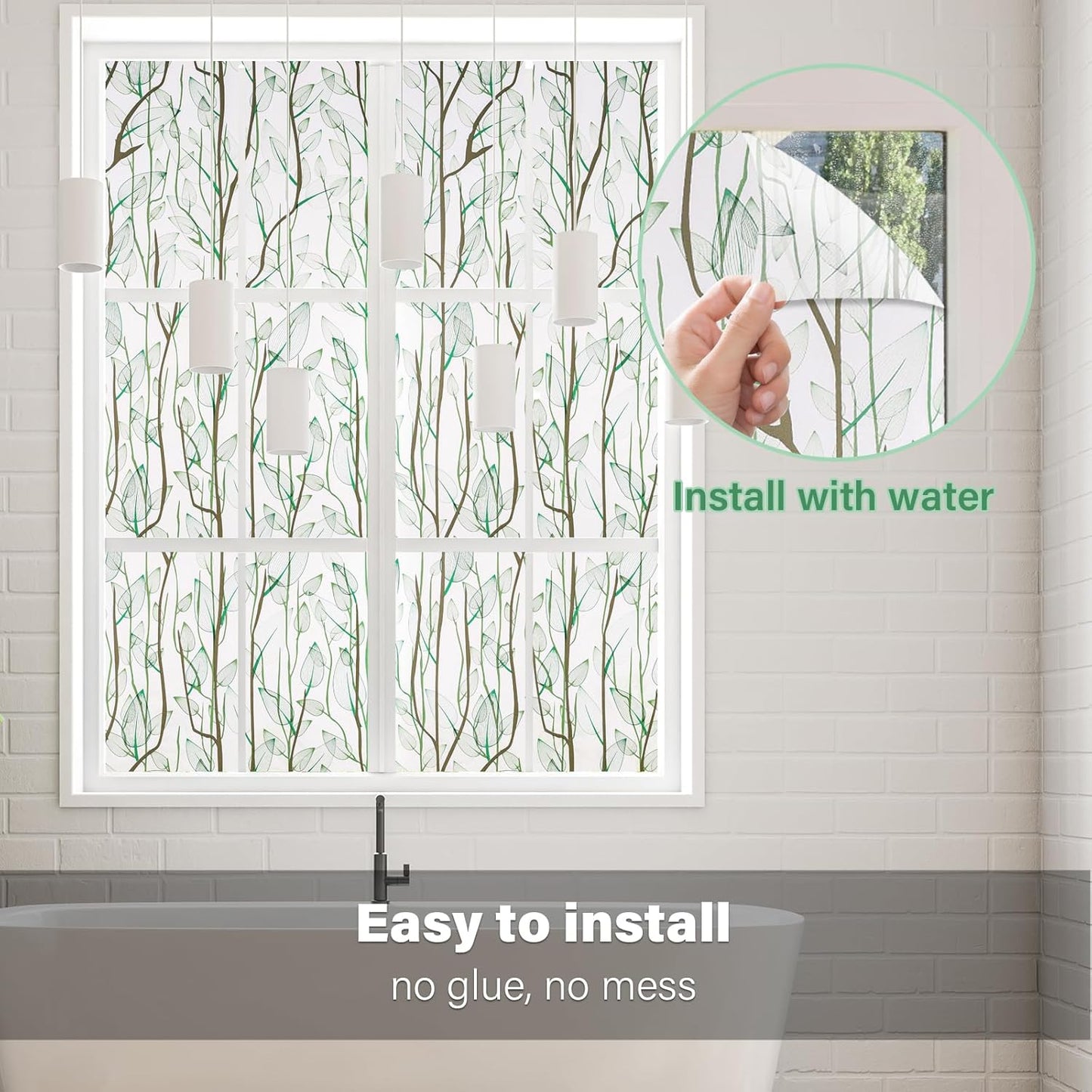 Donox Frosted Glass Window Film Heat Control UV Blocking, Static Cling Reusable Home Bathroom Door Window Privacy Film, Green Leaf Pattern Window Covering with Installation Tool, 35.4 in x 13.1 feet