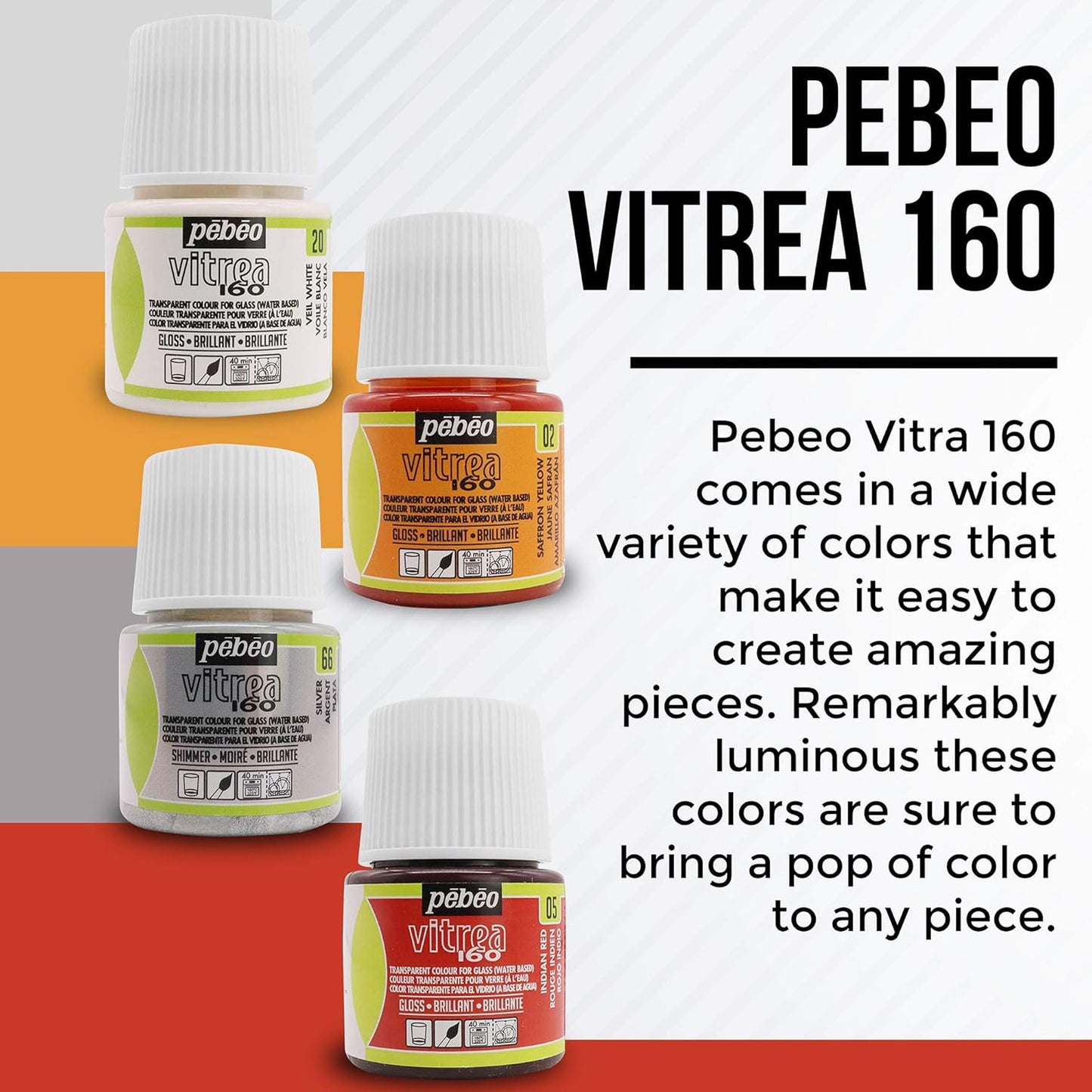 Pebeo Vitrea 160 Glass Paint - Transparent Colour Glossy and Brilliant - Made in France - DIY Craft Paint for Stained Glass and More - Set of 8 Colors Bundled Application Brushes