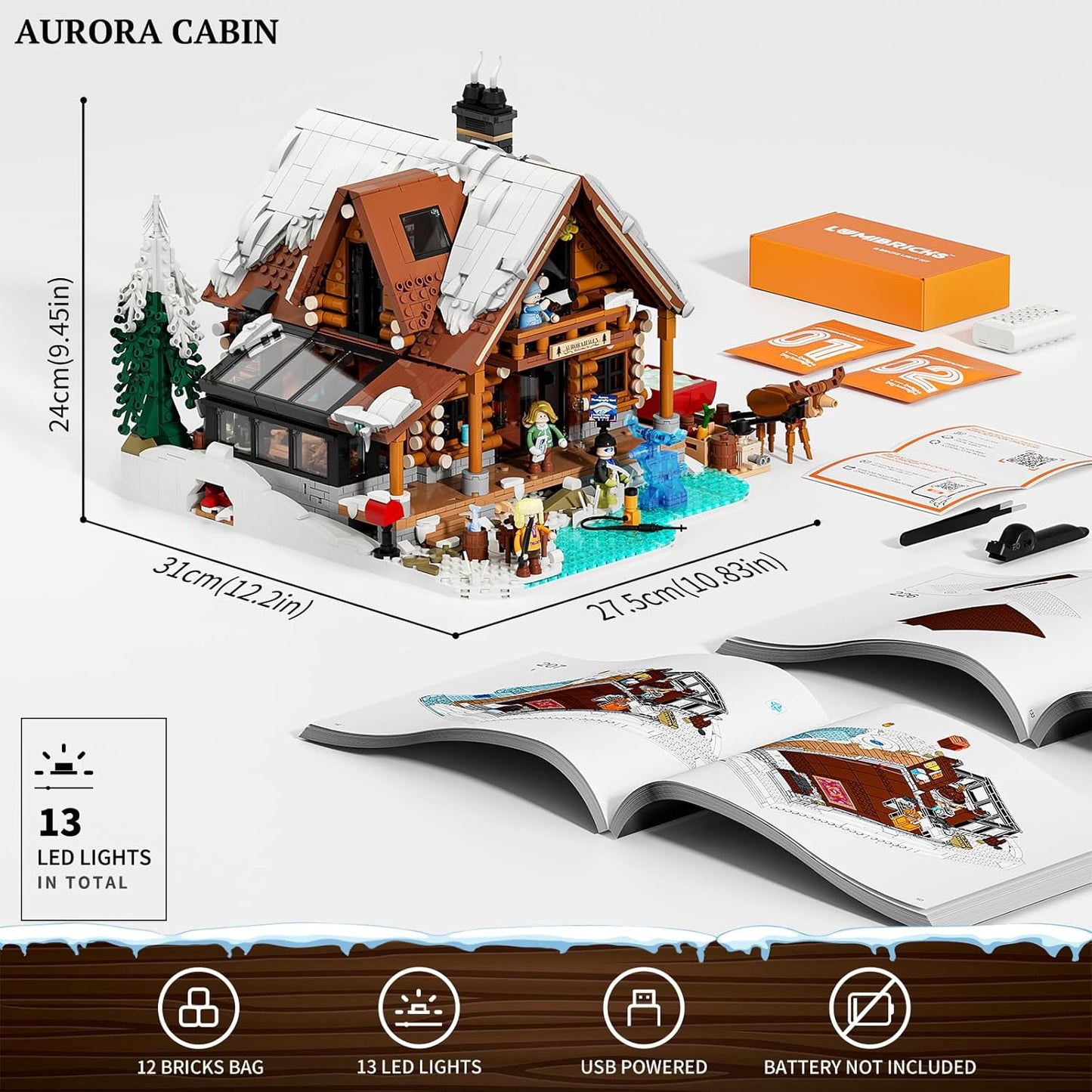 Aurora-Cabin Christmas Lighting-Building-Bricks Set - 2425 Pcs Retro House Winter Lodge LED Light Construction Building Christmas Village Model Set for Adults and Families