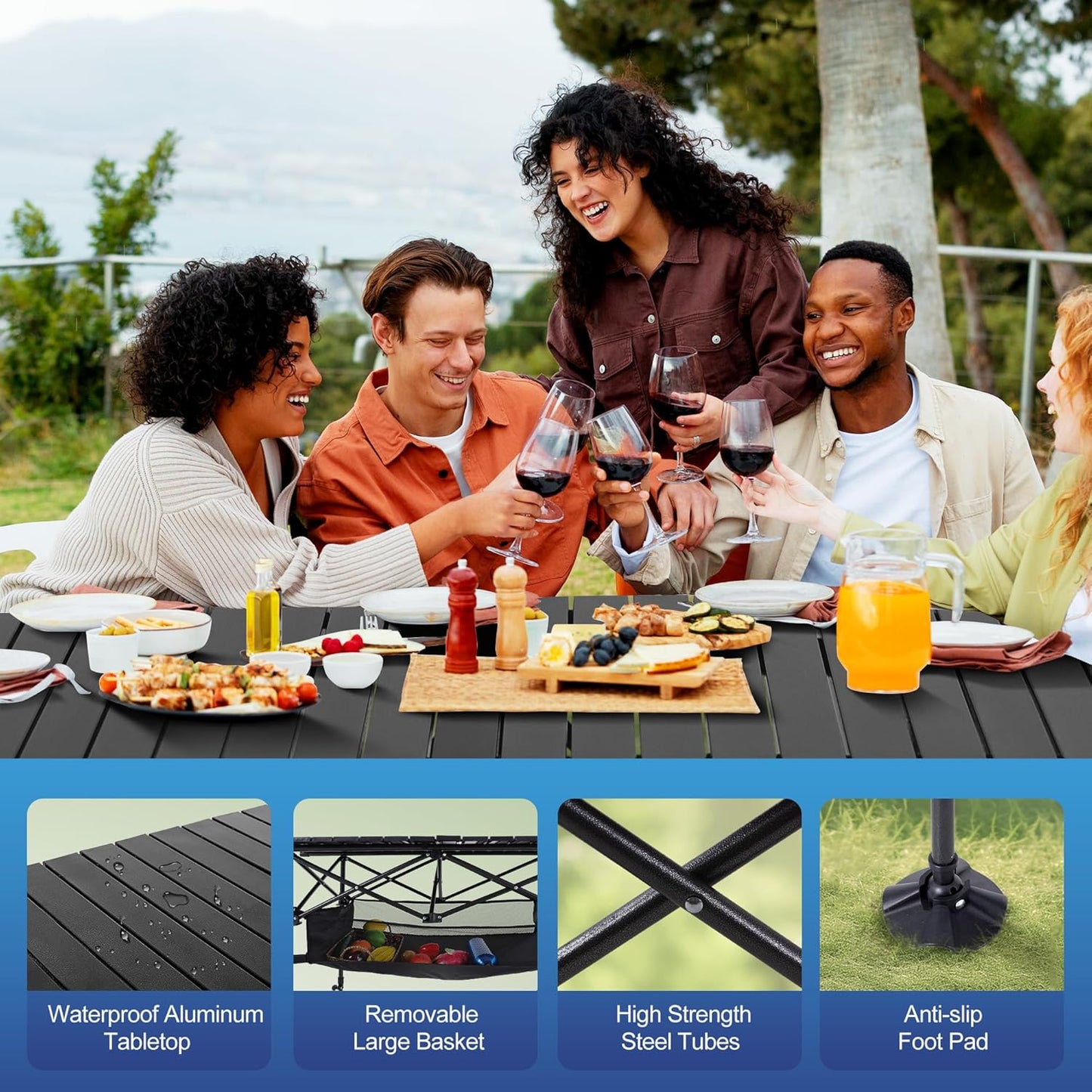 ALPHA CAMP Camping Table Outdoor Portable Table with Storage Adjustable Aluminum Table for Grill Travel Table Outdoor Picnic,Beach,BBQ,Backyards