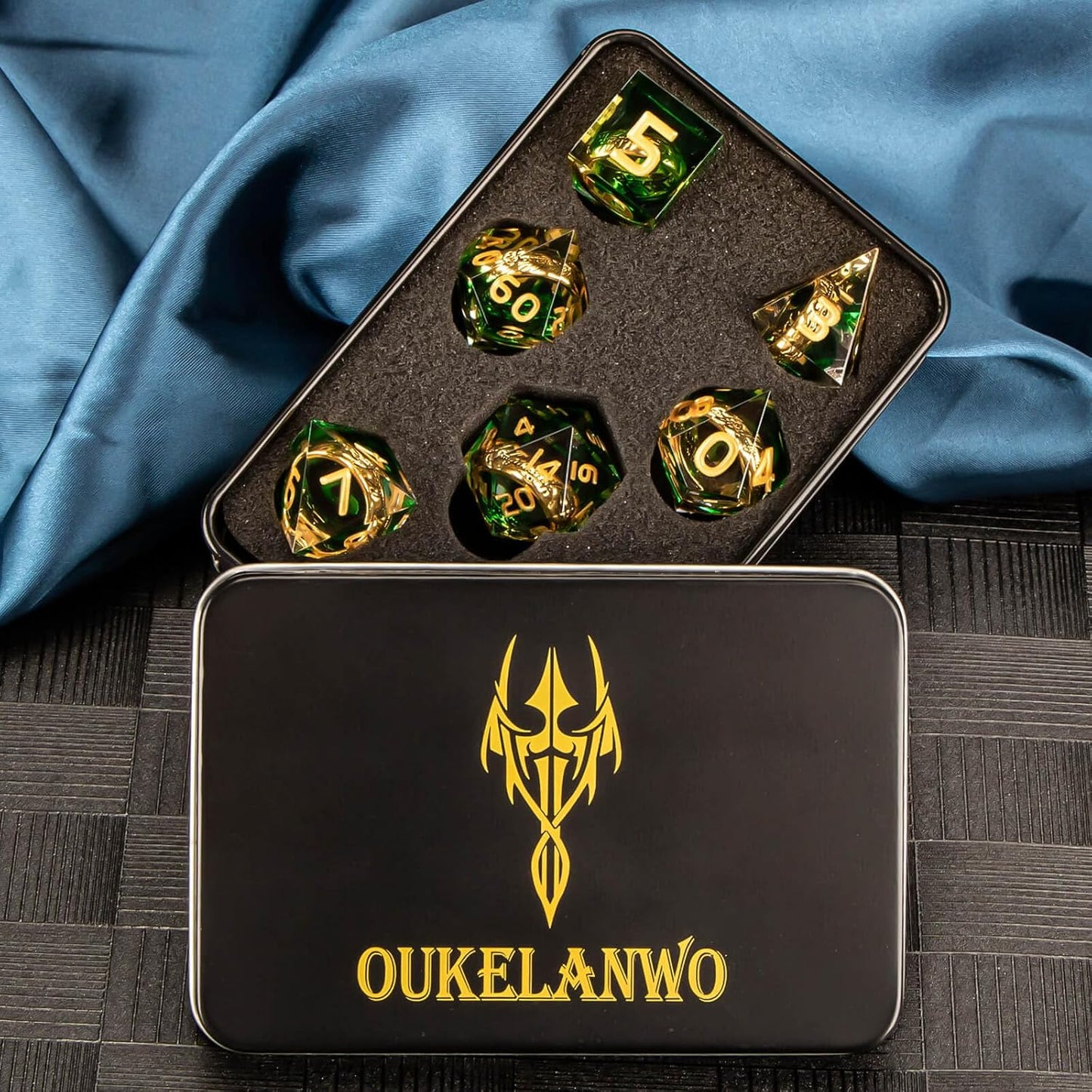 OUKELANWO Magic Lord Rings DND Dice Set with Box, 7Pcs Resin LOTR D&D Dice Set for Role Playing Game, Green Gold Dungeons Dragons D and D Sharp Edge Dice D20 D12 D10 D8 D6 D4