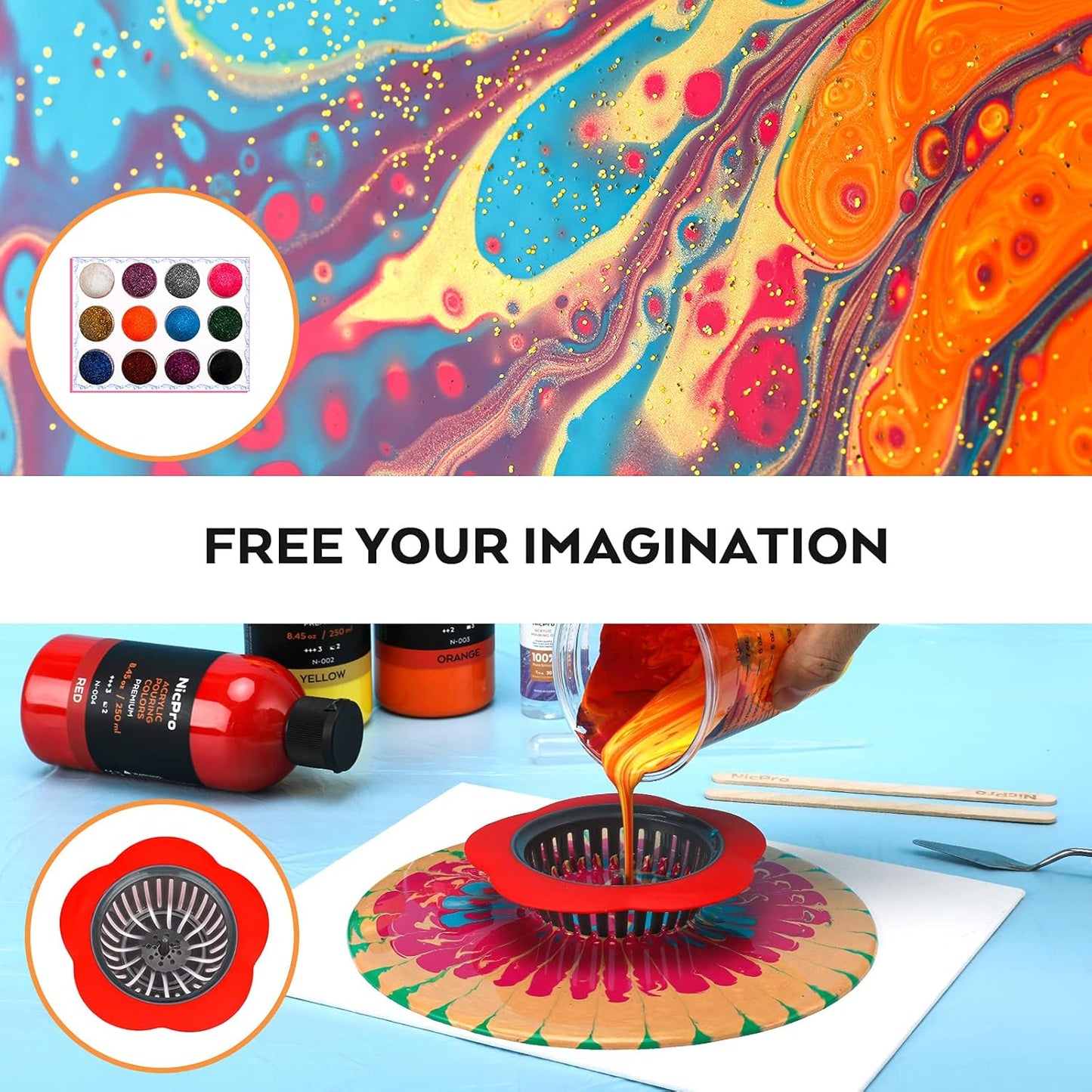 Nicpro 14 Colors 8.45oz Acrylic Pouring Paint Kit, Large Volume Premixed High Flow Pour Paints Supplies with Canvas, Wood Natural Slices, Pouring Oil, Gloves, Strainer, Cups for Beginner DIY Crafts