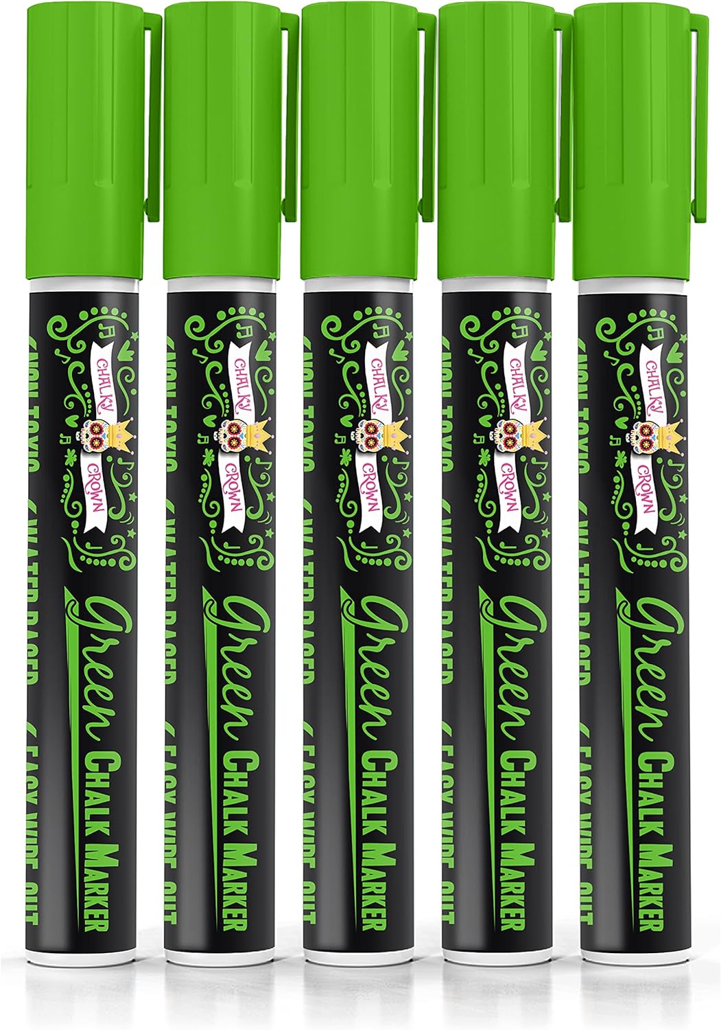 CHALKY CROWN Liquid Chalk Marker Pen - Dry Erase Marker - Chalk Markers for Chalkboard Signs, Windows, Blackboard, Glass - 6mm Reversible Tip (Green, 5 Pack)