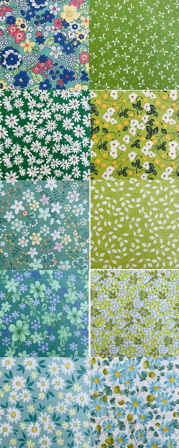 HANPATQUI 50PCS 5 x 5 inch Green Printed 100% Cotton Fat Quarters Fabric for Sewing and Quilting Bundles Precut Fabric Square for DIY Craft Patchwork