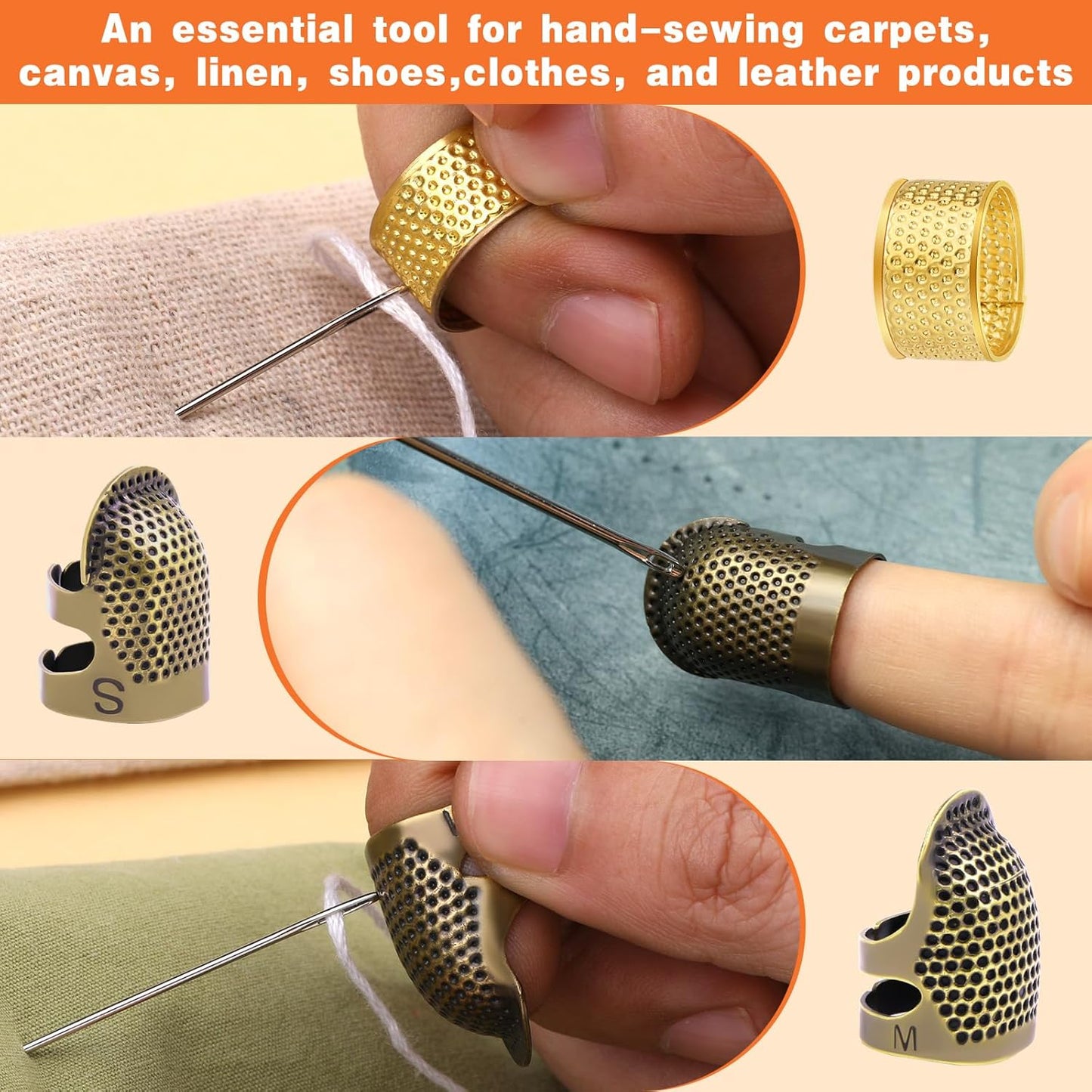 8 Pcs Hand-Working Sewing Thimble, Adjustable Metal Finger Protectors for Sewing, Leather Thimbles for Hand Quilting, Thimbles for Hand Sewing, Sewing Needles, Hand Embroidery Craft