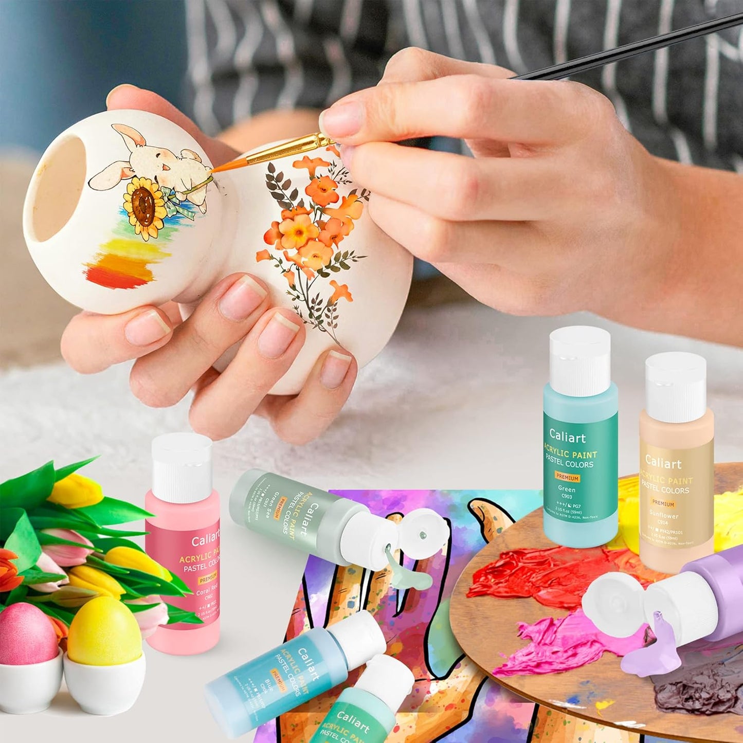 Acrylic Paint Set With 12 Brushes, 24 Colors (59ml, 2oz) Art Craft Paints for Adults Artists Beginners Painters, Canvas Halloween Pumpkin Ceramic Wood Rock Painting Art Supplies (Pastel)